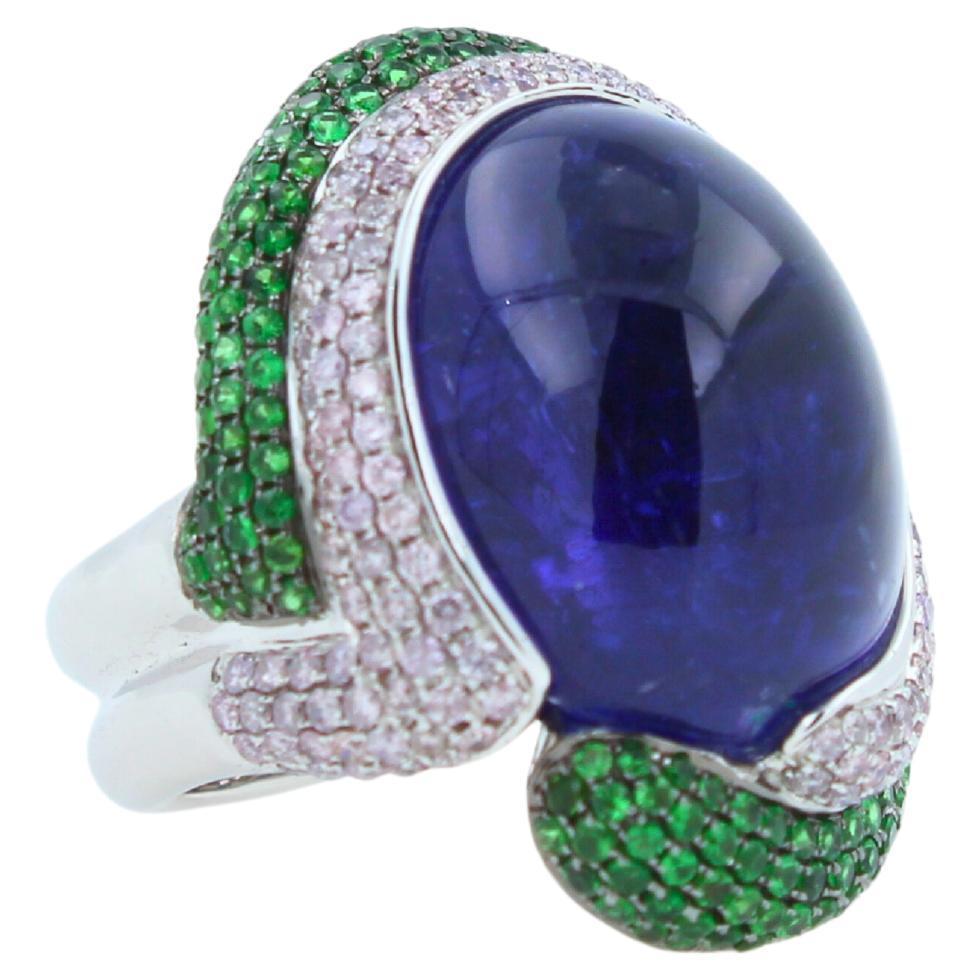 Blue Tanzanite Oval Cabochon Diamonds Tsavorites Pave 18k White Gold Unique Ring