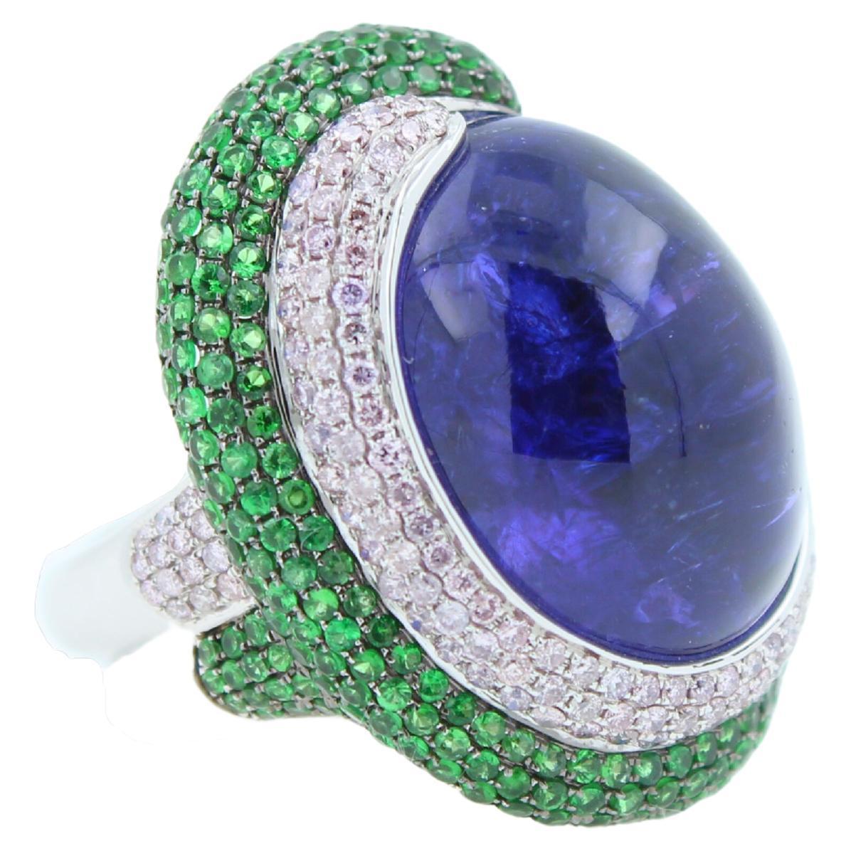 Blue Tanzanite Oval Cabochon Diamonds Tsavorites Pave 18k White Gold Unique Ring