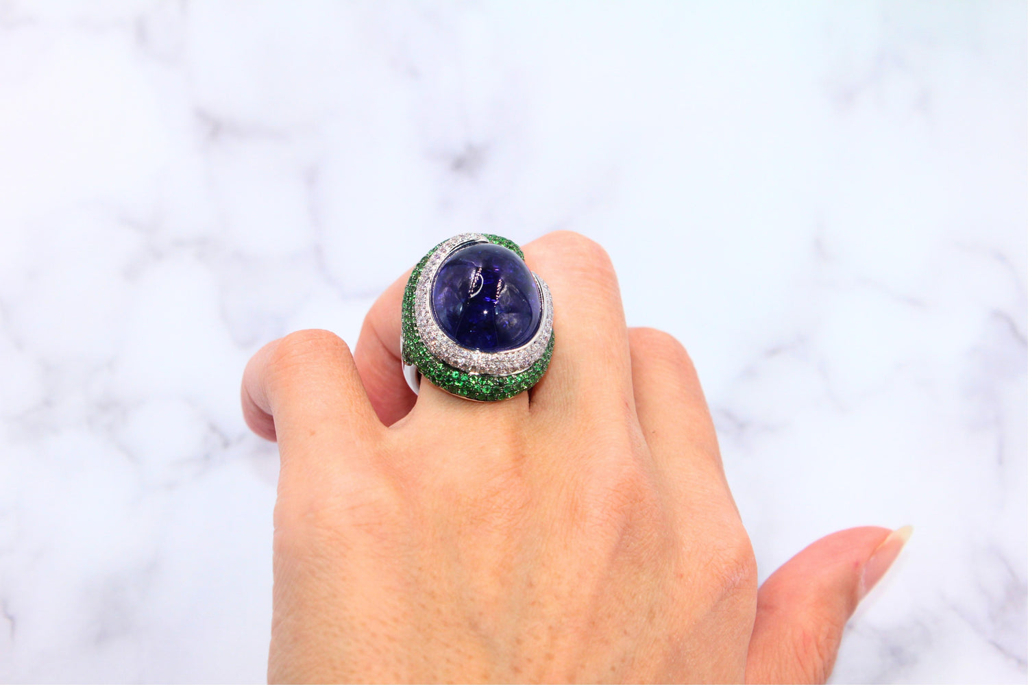 Blue Tanzanite Oval Cabochon Diamonds Tsavorites Pave 18k White Gold Unique Ring