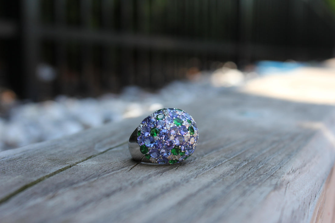 Blue Tanzanite Tsavorite Diamond Pave Sky Dome Chunky 18 Karat White Gold Ring