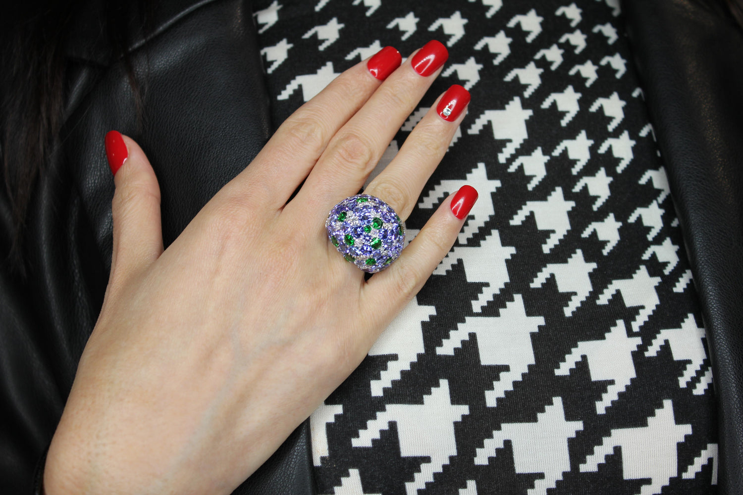 Blue Tanzanite Tsavorite Diamond Pave Sky Dome Chunky 18 Karat White Gold Ring