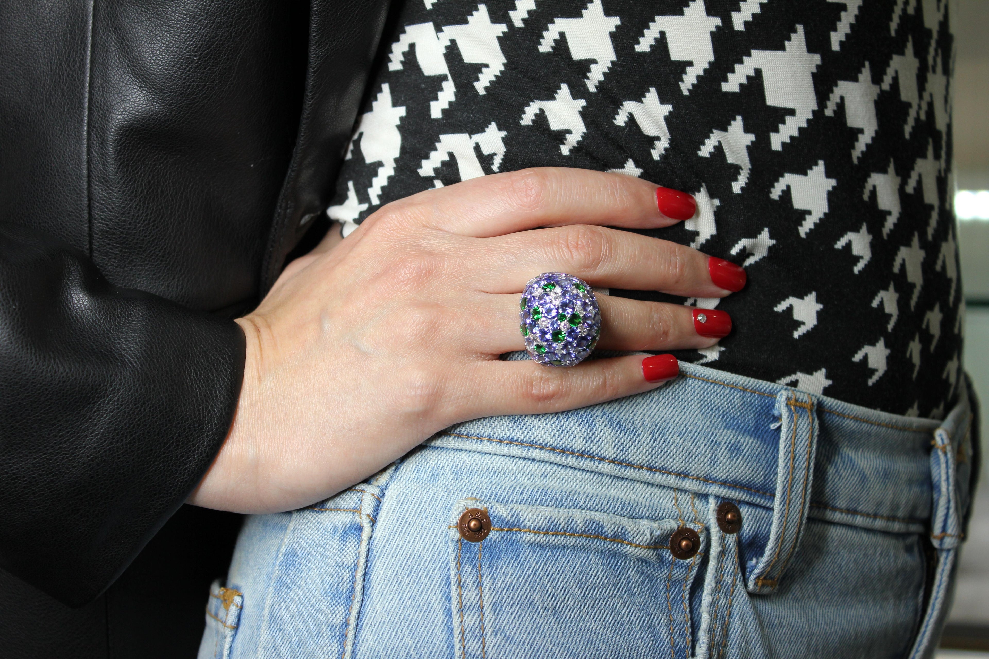 Blue Tanzanite Tsavorite Diamond Pave Sky Dome Chunky 18 Karat White Gold Ring