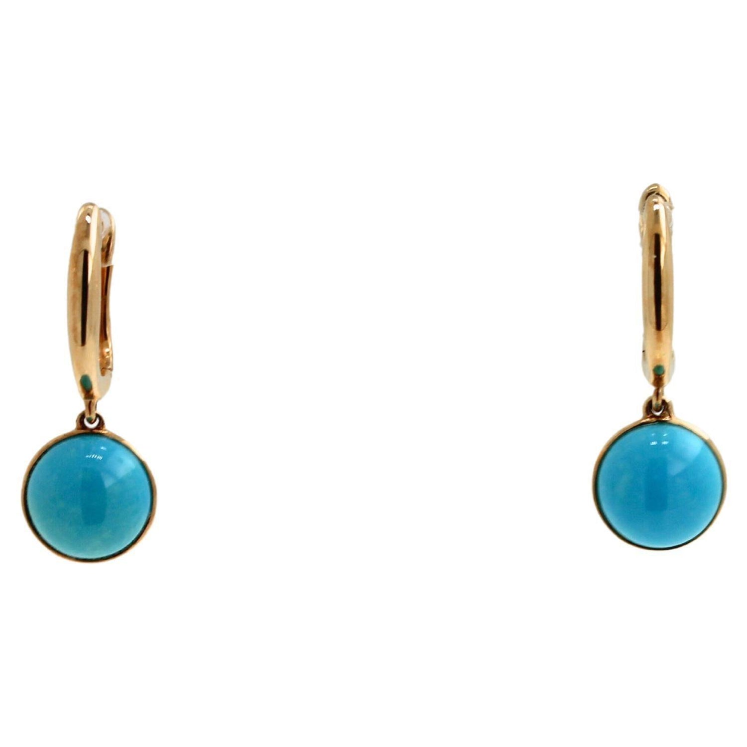 Blue Turquoise Round Cabochon Yellow Gold Huggie Drop Statement Dainty Earrings