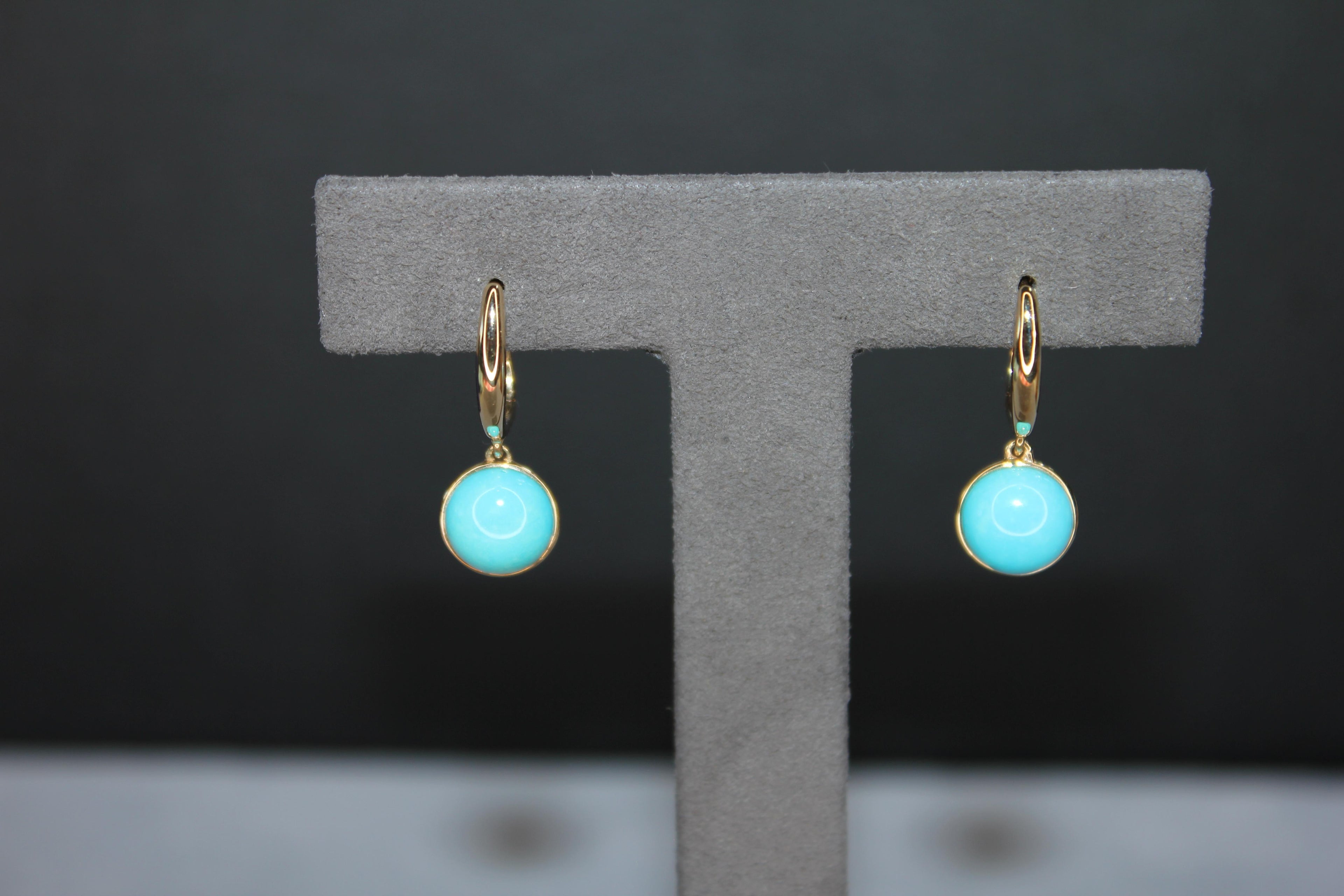 Blue Turquoise Round Cabochon Yellow Gold Huggie Drop Statement Dainty Earrings