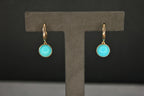 Blue Turquoise Round Cabochon Yellow Gold Huggie Drop Statement Dainty Earrings