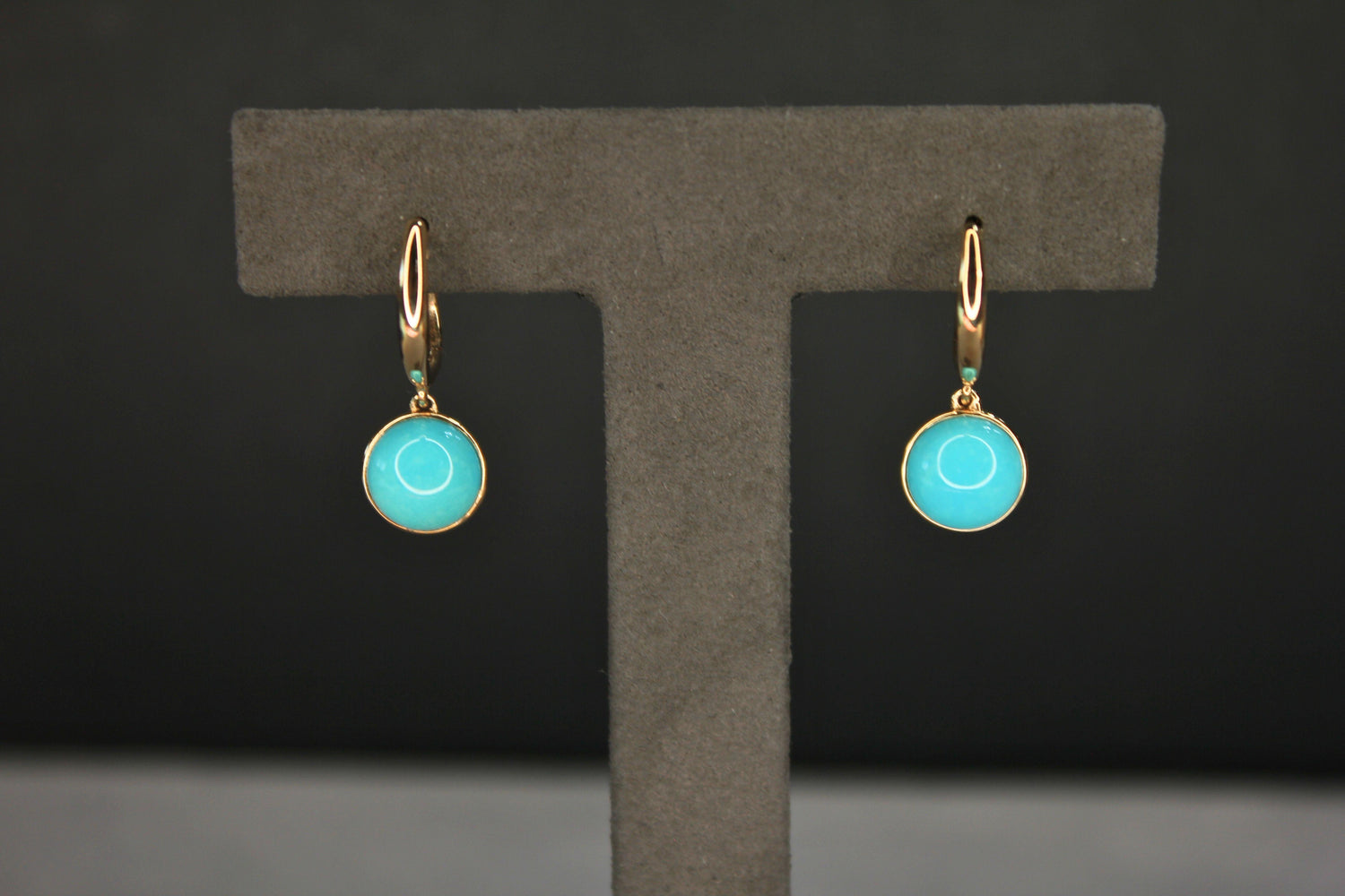 Blue Turquoise Round Cabochon Yellow Gold Huggie Drop Statement Dainty Earrings