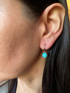 Blue Turquoise Round Cabochon Yellow Gold Huggie Drop Statement Dainty Earrings