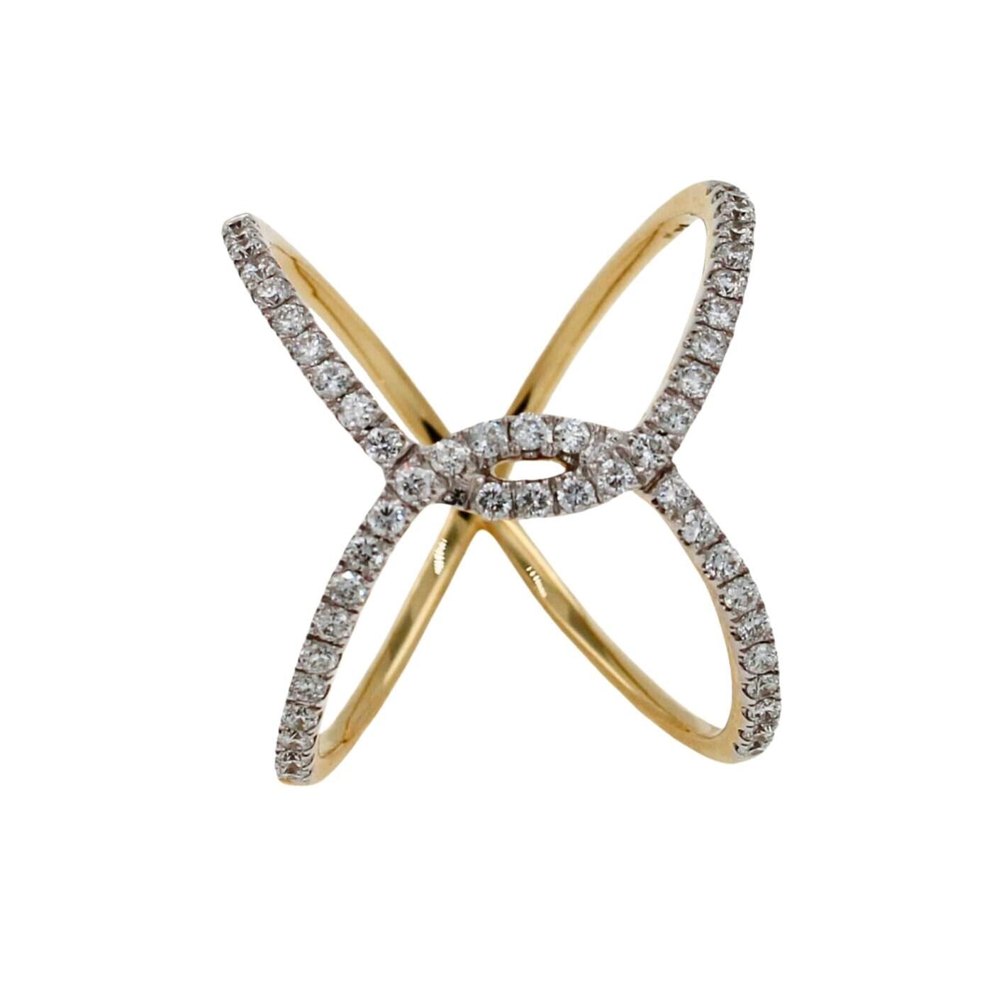 Brilliant Cut White Diamond X Criss Cross Pave Cocktail Fashion Open Bypass 14 K