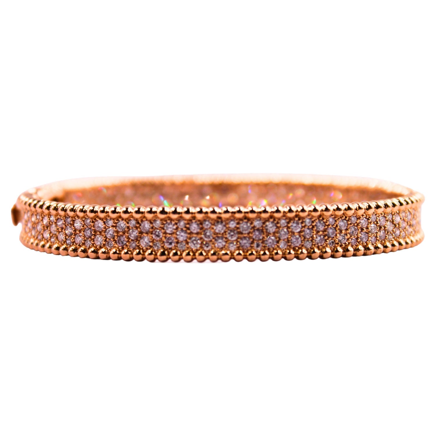 Brilliant Round Diamonds Pave Golden Bead Solid 18k Rose Gold Bangle Bracelet