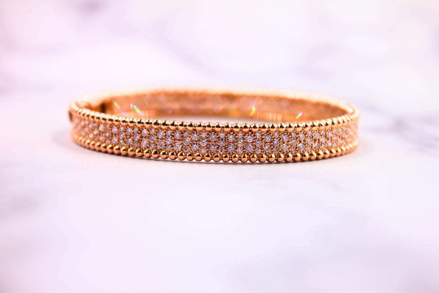 Brilliant Round Diamonds Pave Golden Bead Solid 18k Rose Gold Bangle Bracelet