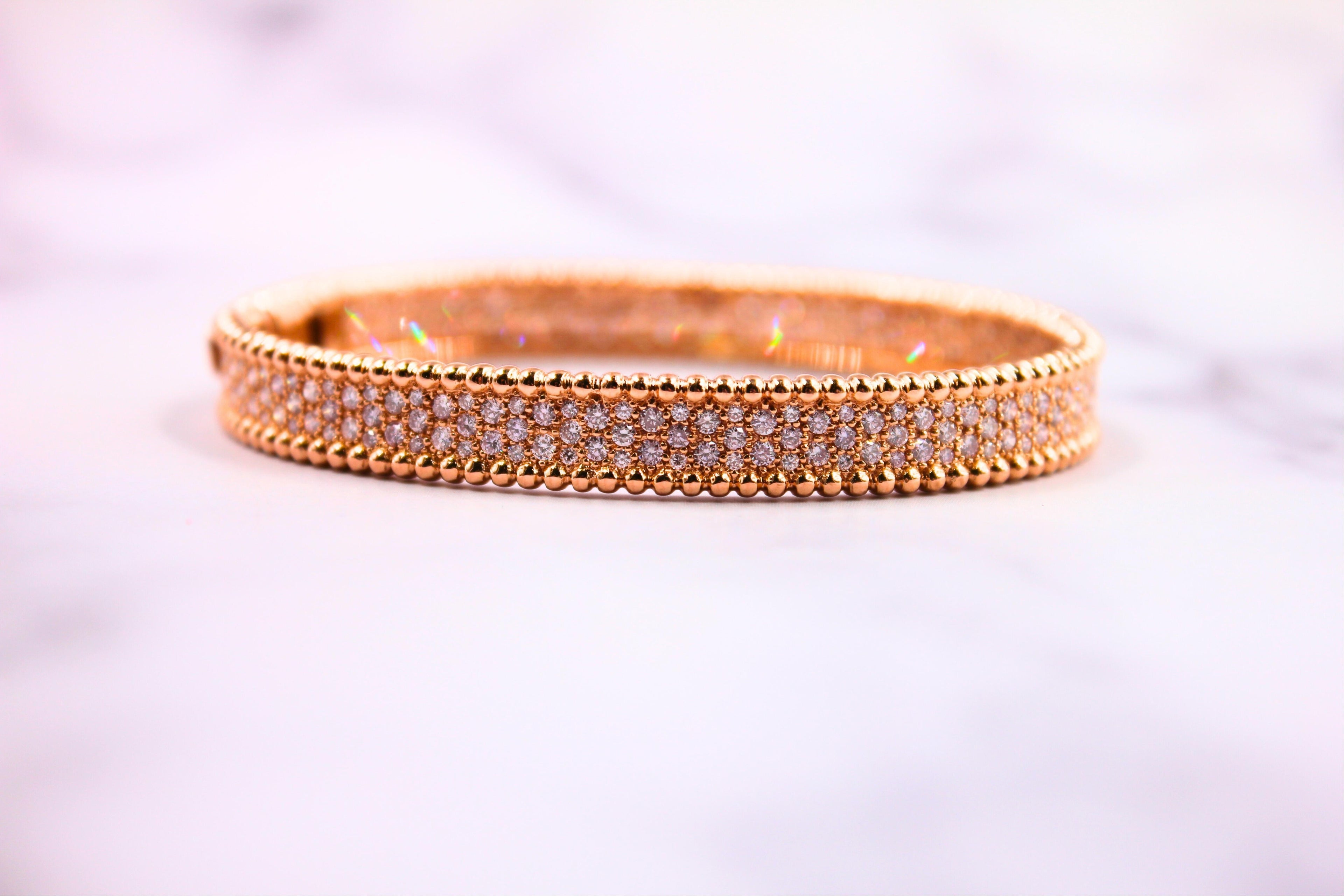 Brilliant Round Diamonds Pave Golden Bead Solid 18k Rose Gold Bangle Bracelet