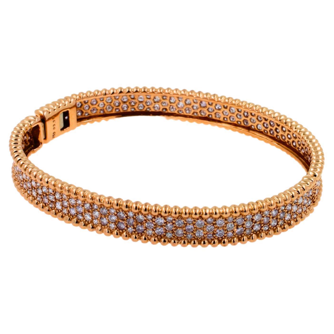 Brilliant Round Diamonds Pave Golden Bead Solid 18k Rose Gold Bangle Bracelet