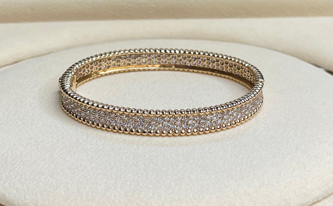 Brilliant Round Diamonds Pave Golden Bead Solid 18k Rose Gold Bangle Bracelet