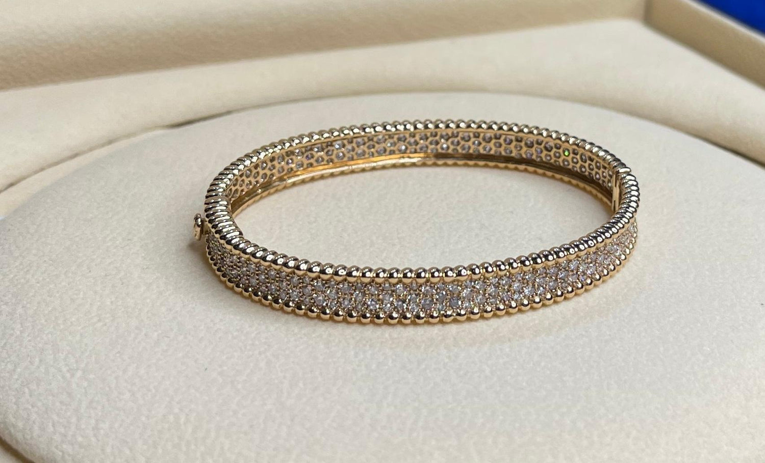 Brilliant Round Diamonds Pave Golden Bead Solid 18k Rose Gold Bangle Bracelet