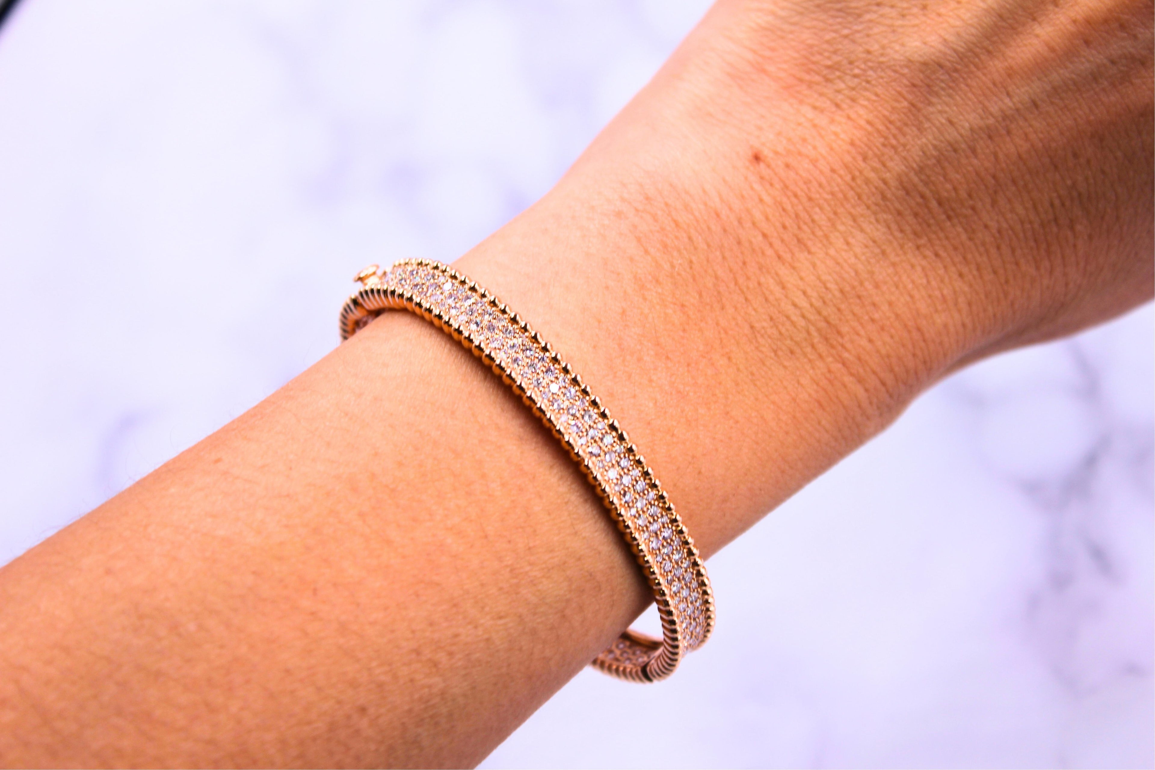 Brilliant Round Diamonds Pave Golden Bead Solid 18k Rose Gold Bangle Bracelet