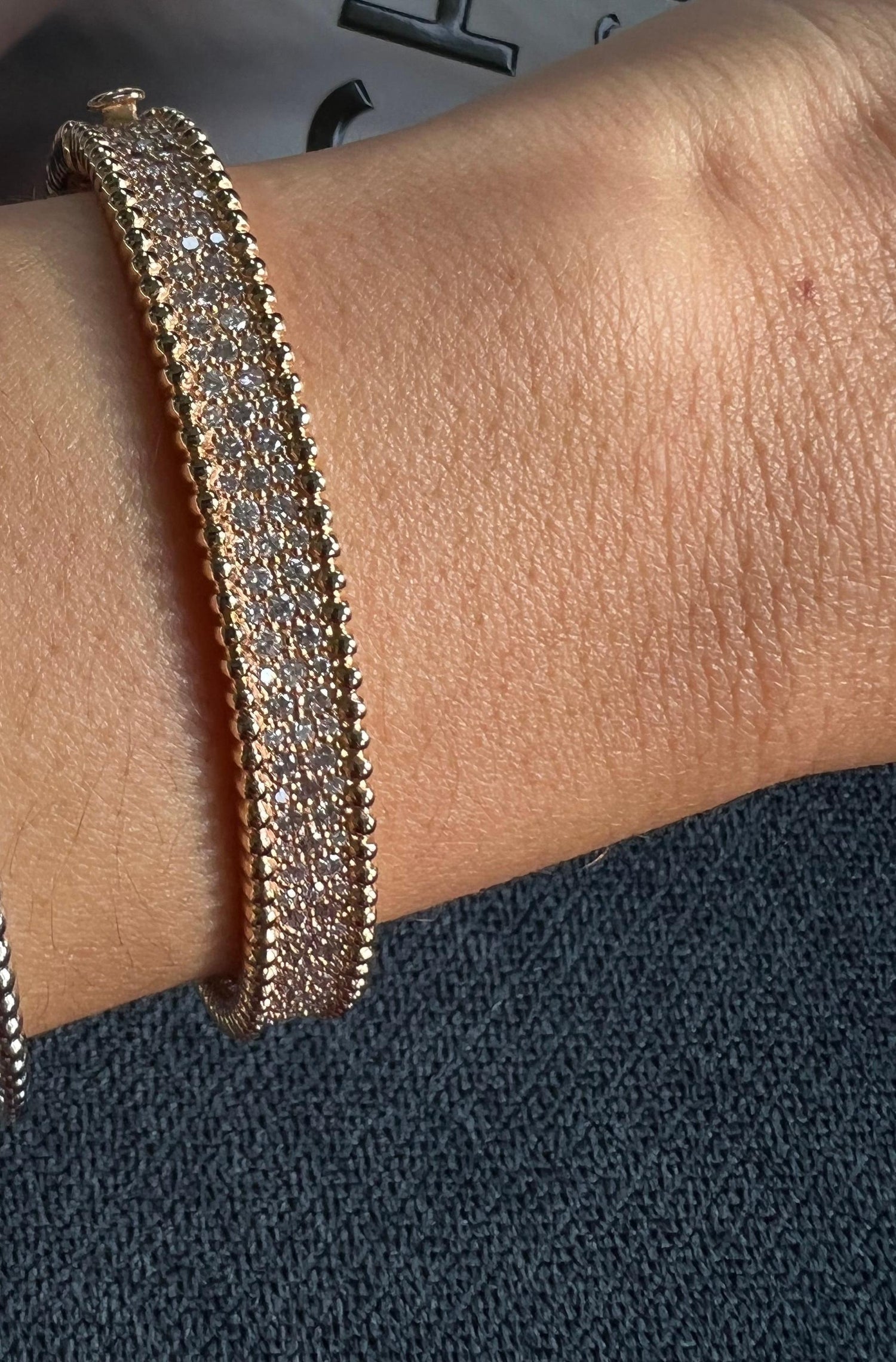 Brilliant Round Diamonds Pave Golden Bead Solid 18k Rose Gold Bangle Bracelet