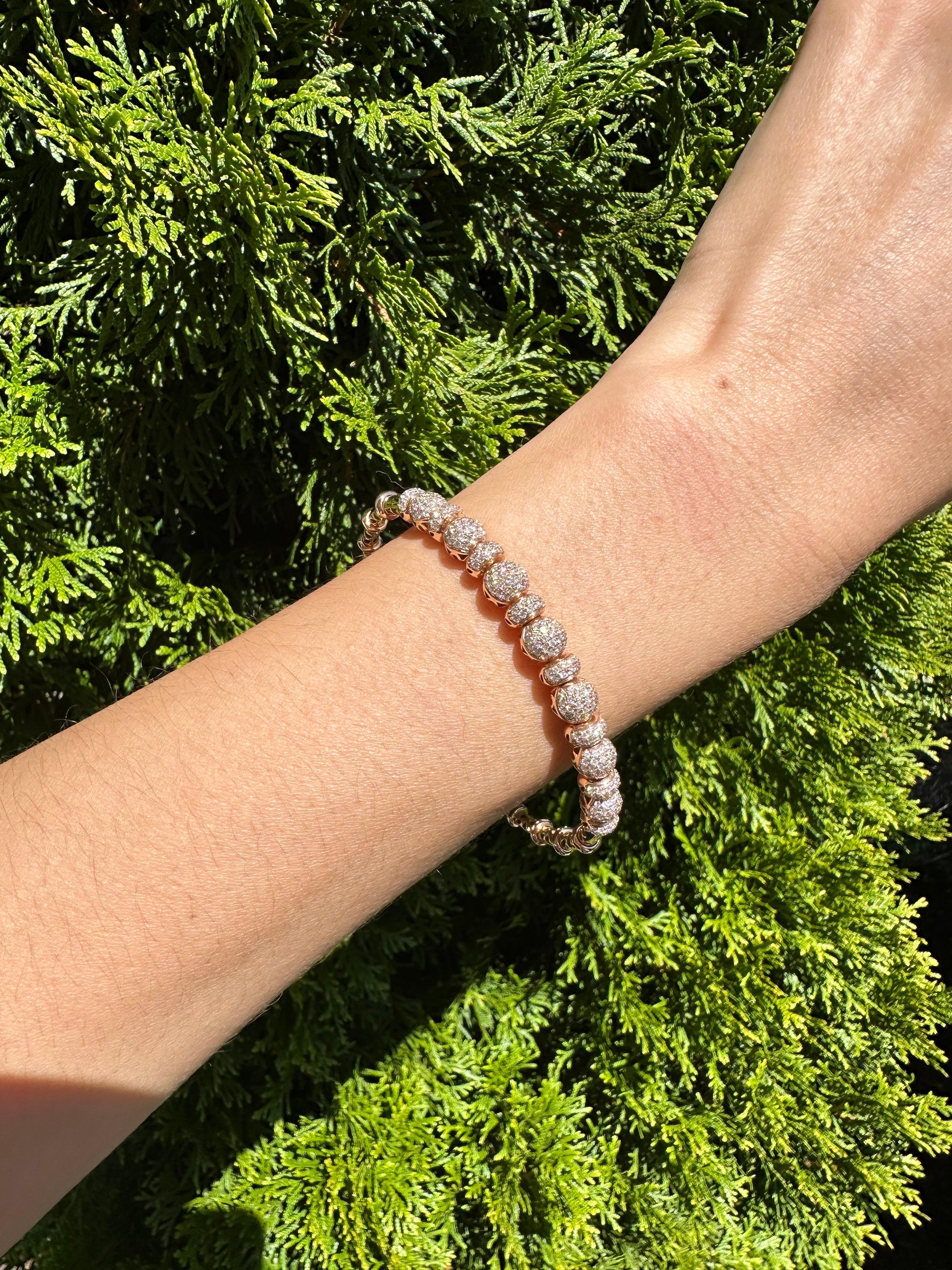 Brilliant Round Diamonds Pave Set Golden Bead 18k Rose Gold Bangle Cuff Bracelet