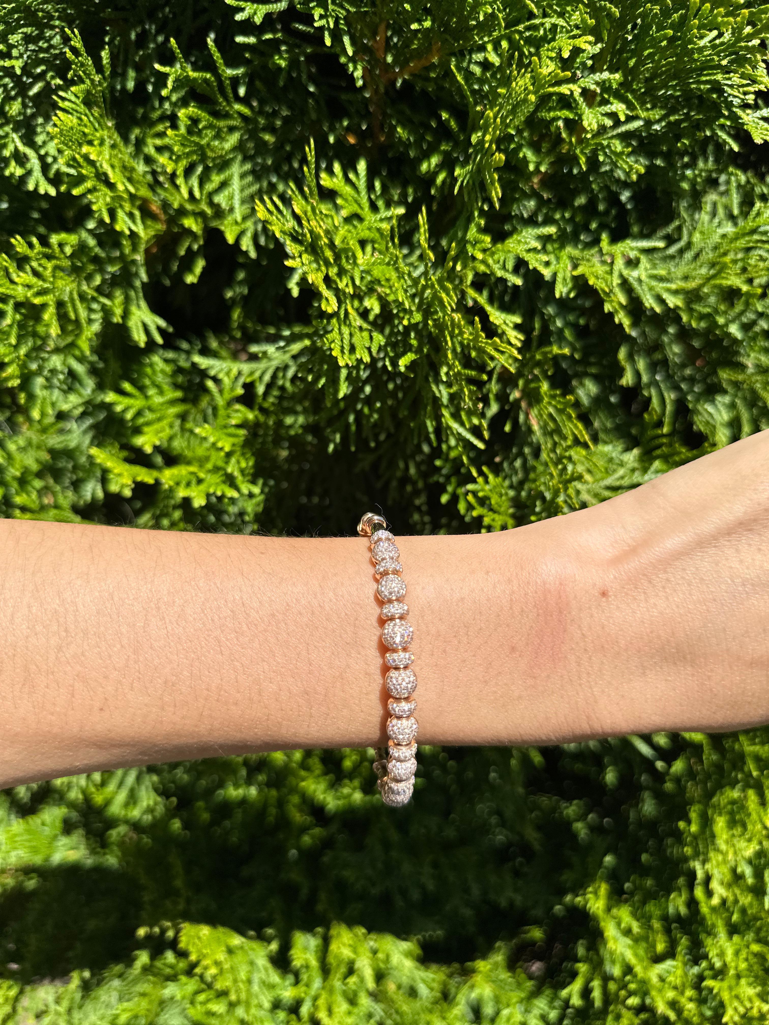 Brilliant Round Diamonds Pave Set Golden Bead 18k Rose Gold Bangle Cuff Bracelet