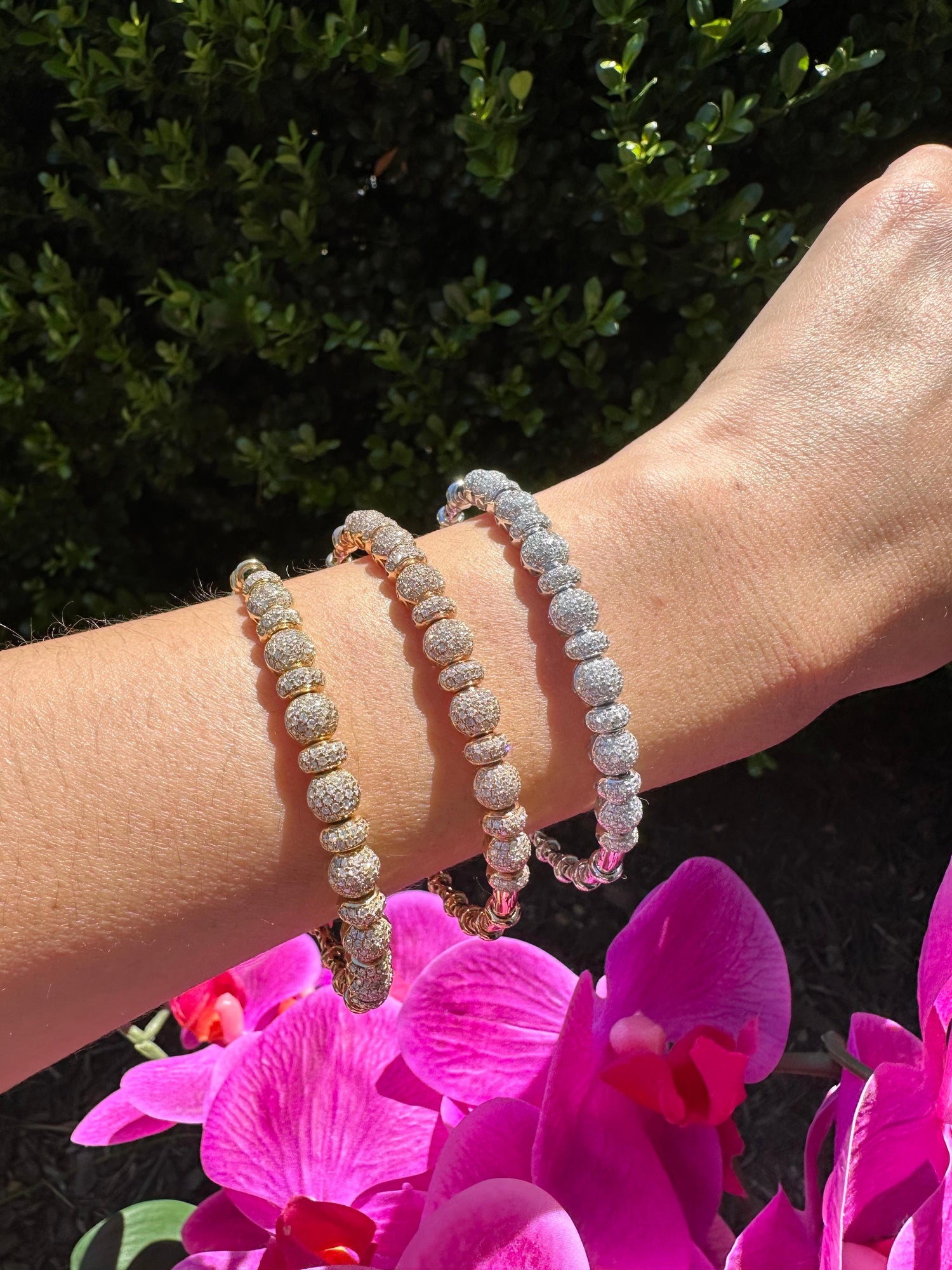 Brilliant Round Diamonds Pave Set Golden Bead 18k Rose Gold Bangle Cuff Bracelet