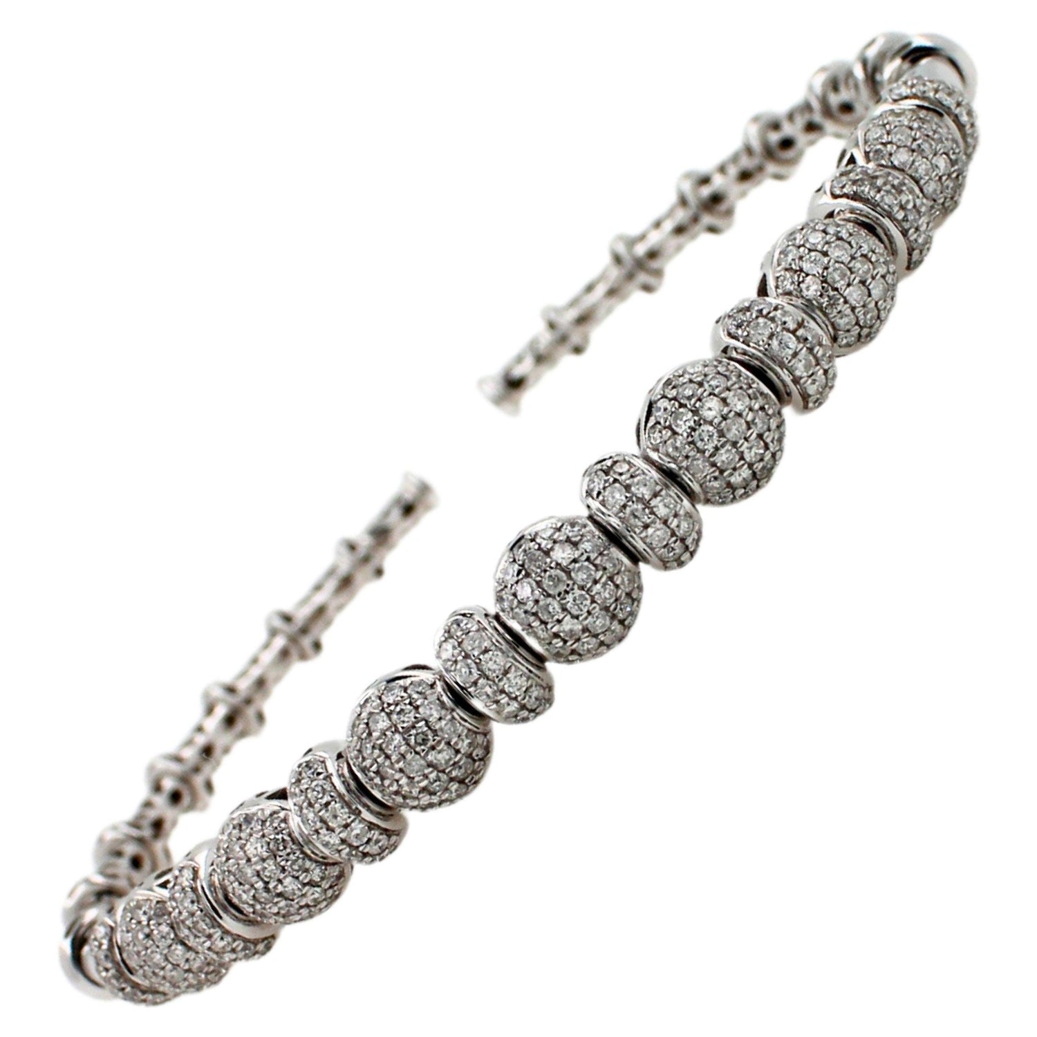 Brilliant Round Diamonds Pave Set Golden Bead White Gold Bangle Cuff Bracelet