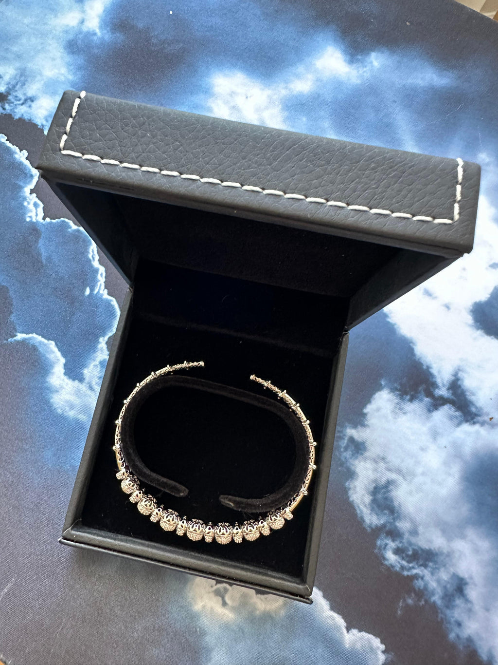 Brilliant Round Diamonds Pave Set Golden Bead White Gold Bangle Cuff Bracelet