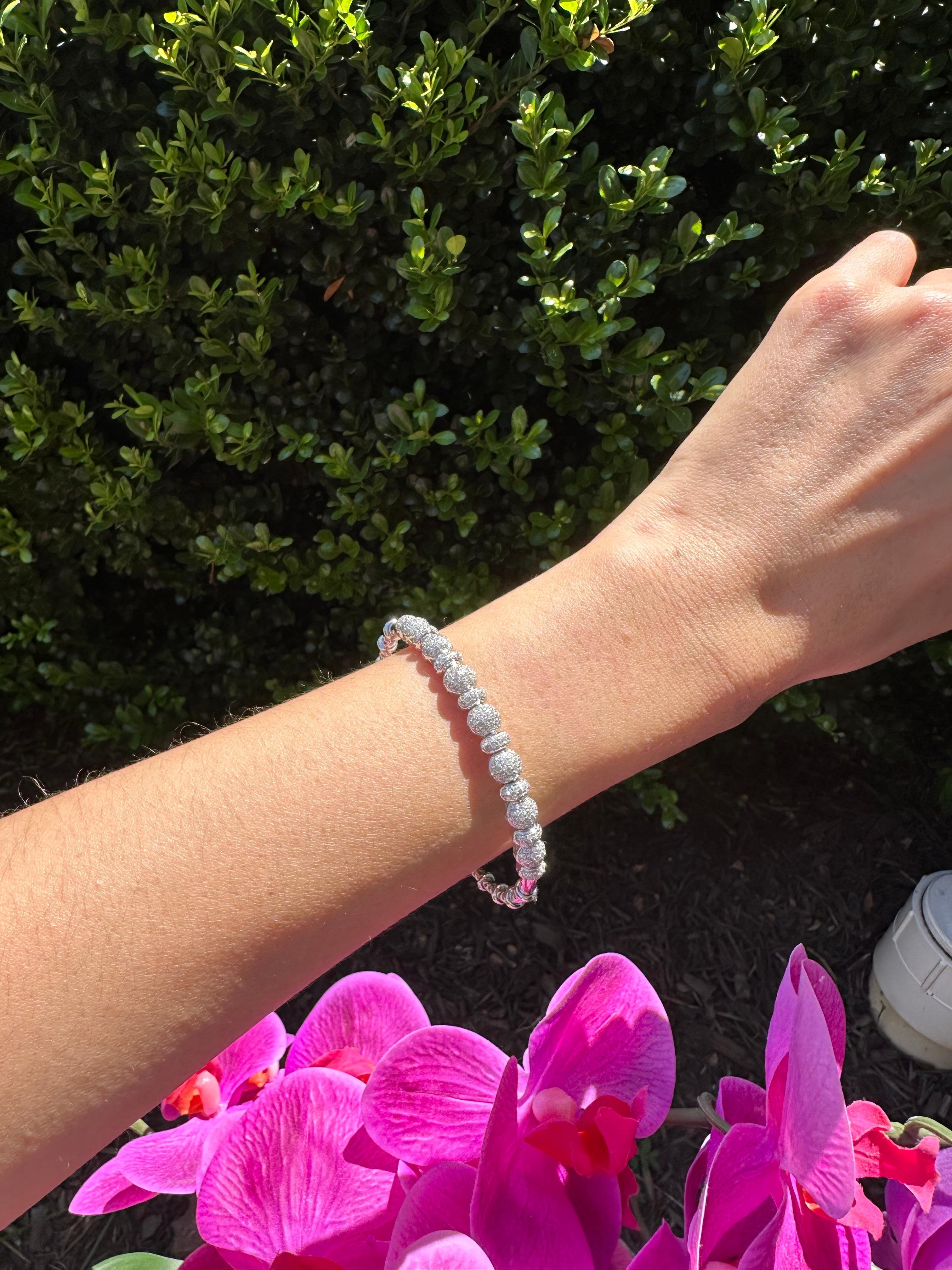 Brilliant Round Diamonds Pave Set Golden Bead White Gold Bangle Cuff Bracelet