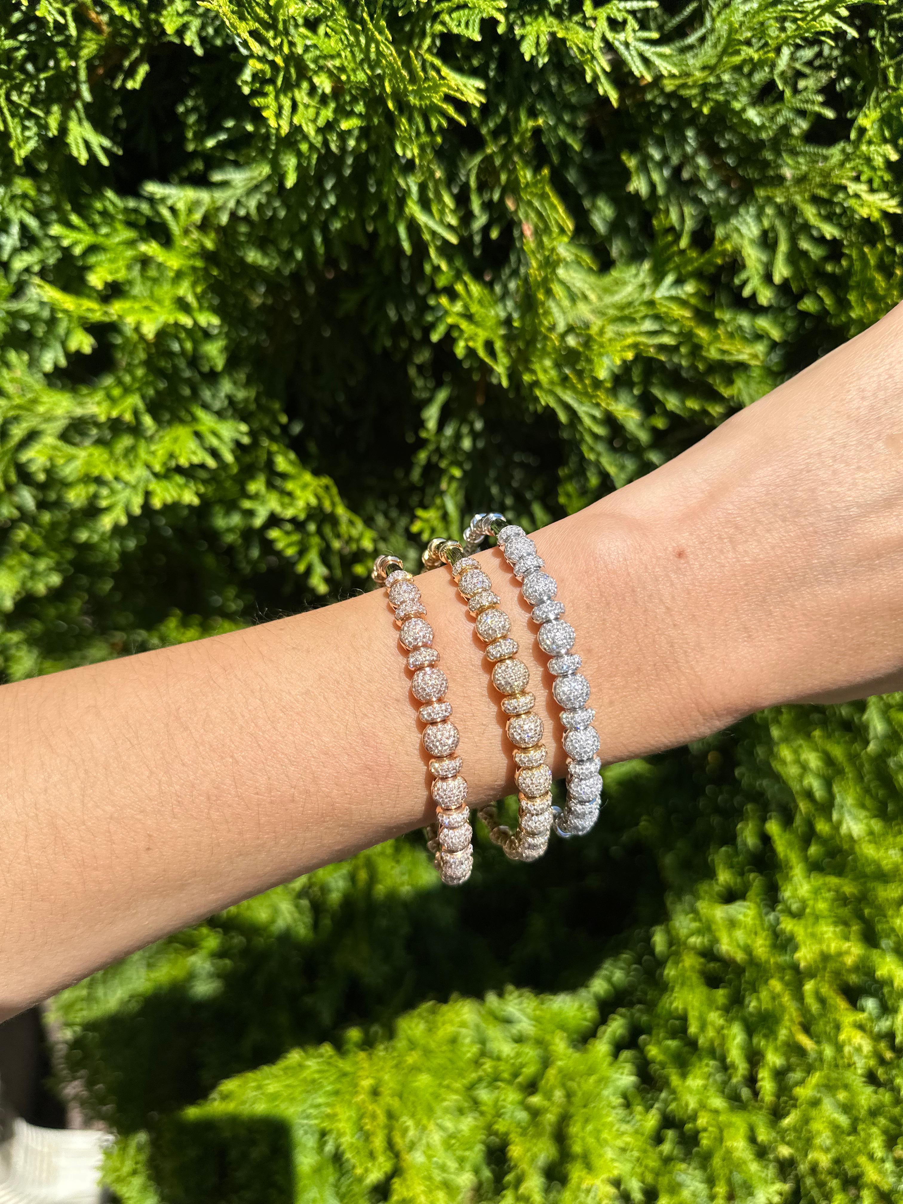 Brilliant Round Diamonds Pave Set Golden Bead White Gold Bangle Cuff Bracelet