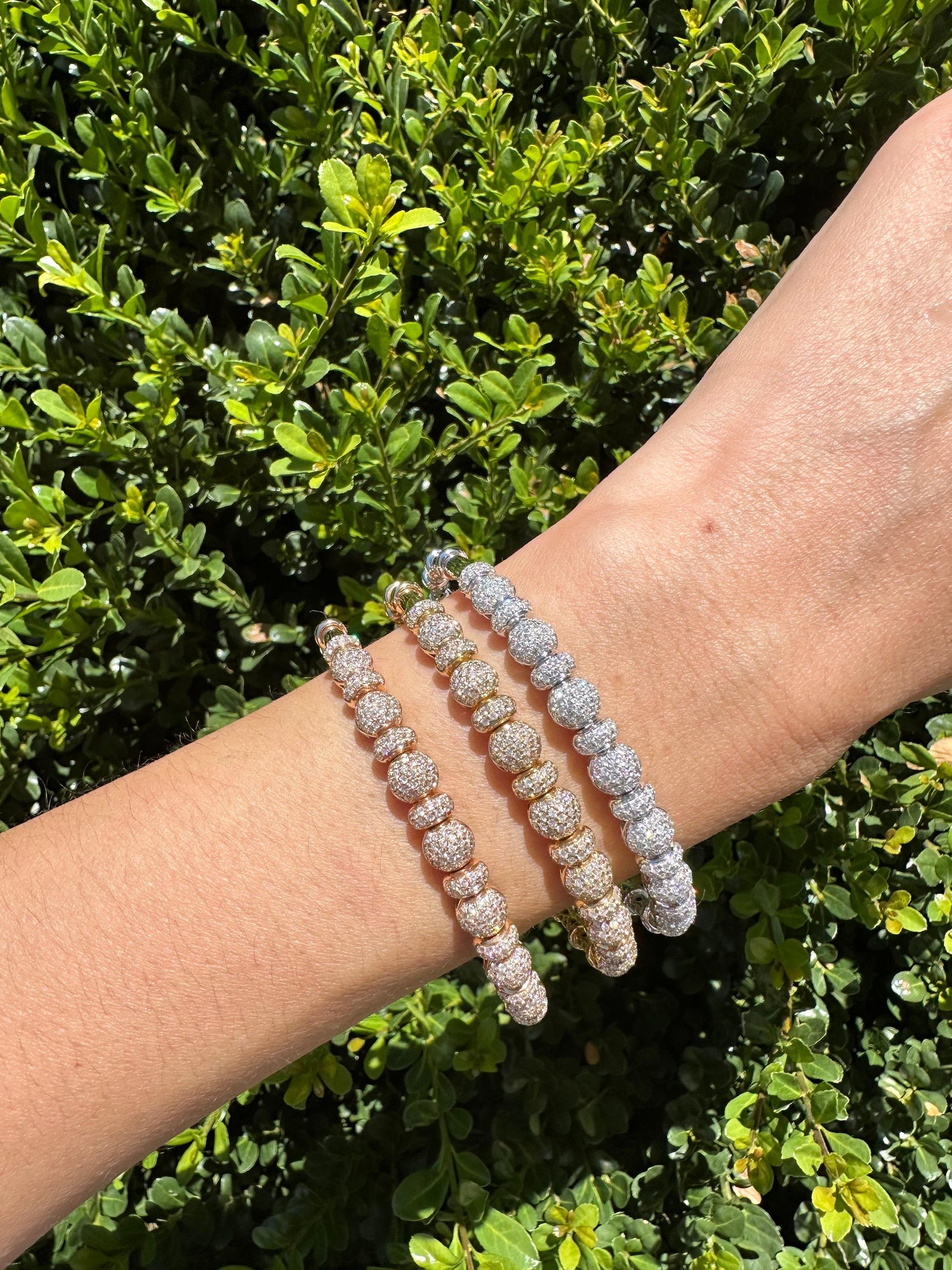 Brilliant Round Diamonds Pave Set Golden Bead White Gold Bangle Cuff Bracelet