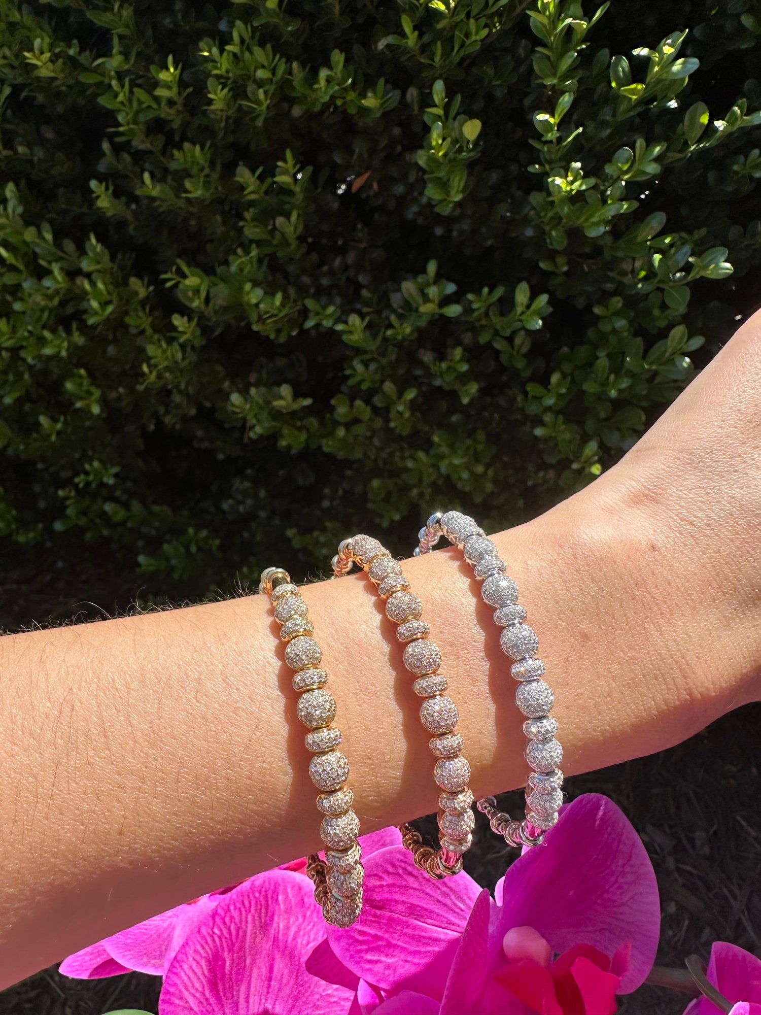 Brilliant Round Diamonds Pave Set Golden Bead White Gold Bangle Cuff Bracelet