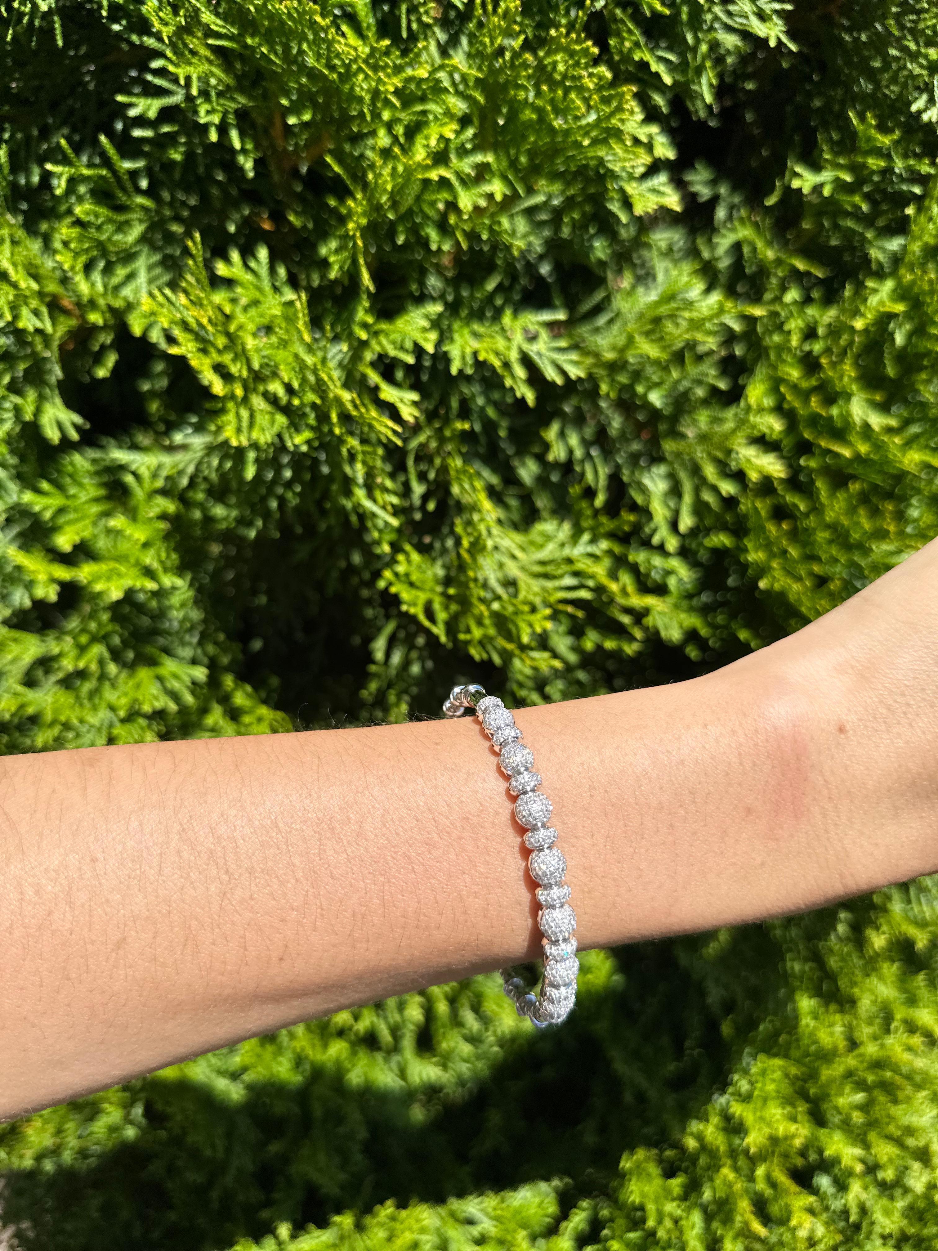 Brilliant Round Diamonds Pave Set Golden Bead White Gold Bangle Cuff Bracelet