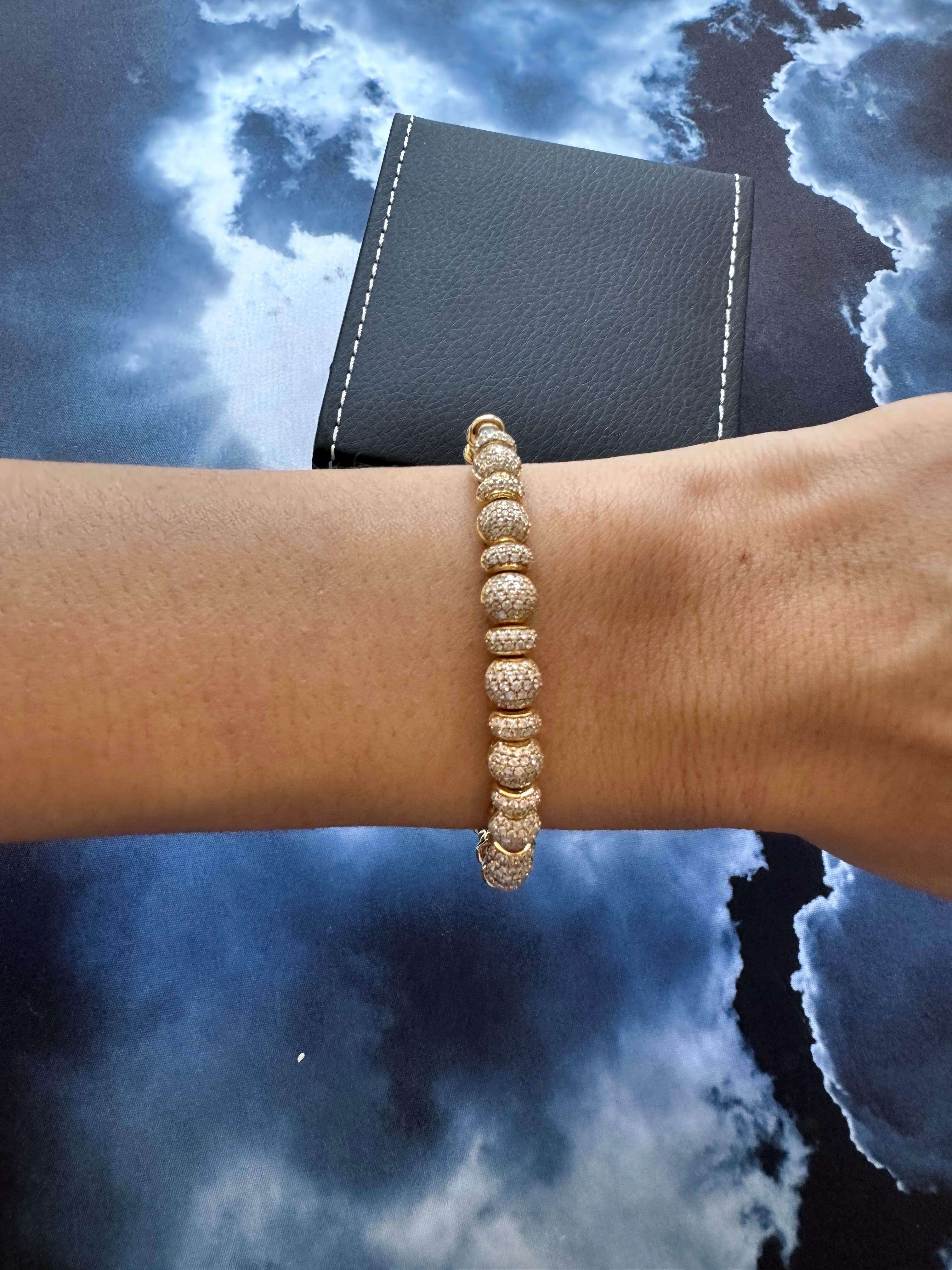 Brilliant Round Diamonds Pave Set Spheres 18K Yellow Gold Bangle Cuff Bracelet