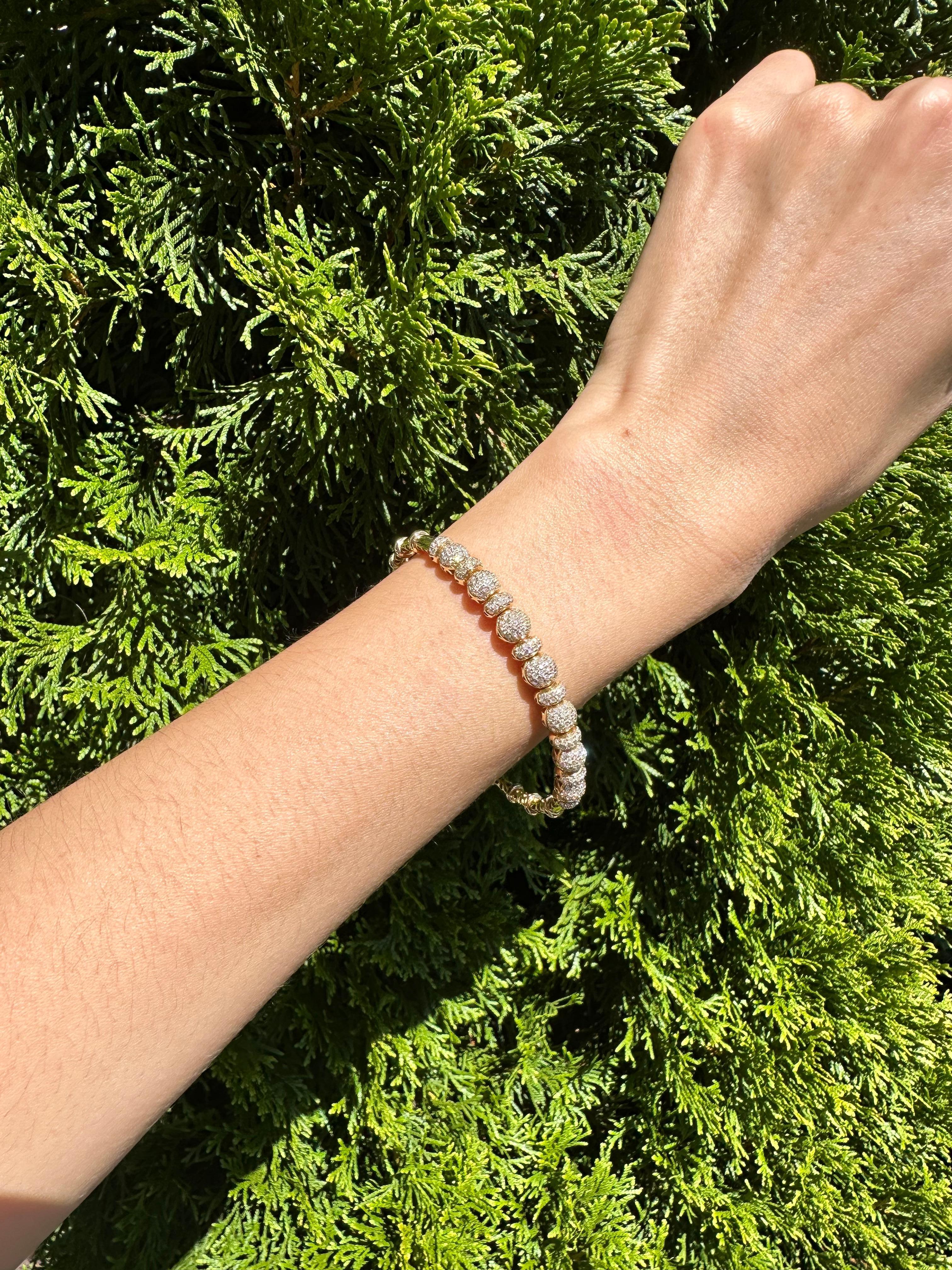 Brilliant Round Diamonds Pave Set Spheres 18K Yellow Gold Bangle Cuff Bracelet