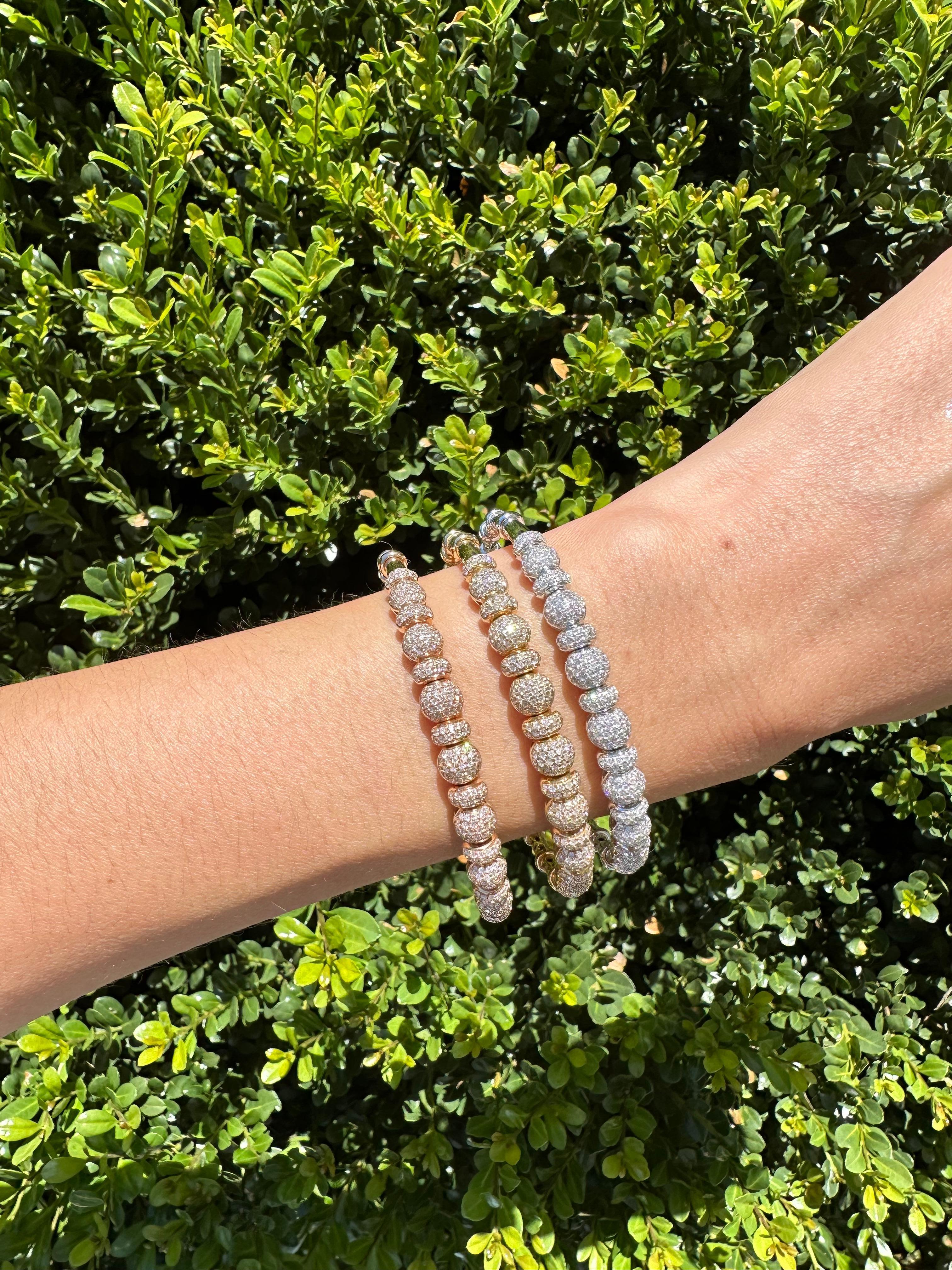 Brilliant Round Diamonds Pave Set Spheres 18K Yellow Gold Bangle Cuff Bracelet