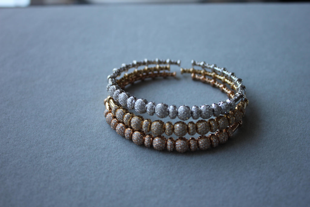 Brilliant Round Diamonds Pave Set Spheres 18K Yellow Gold Bangle Cuff Bracelet