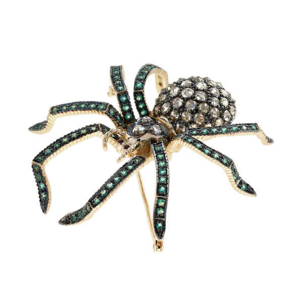 6.25 Ctw Vintage Style Diamond, Emerald & Ruby 9K Yellow Gold Spider Brooch