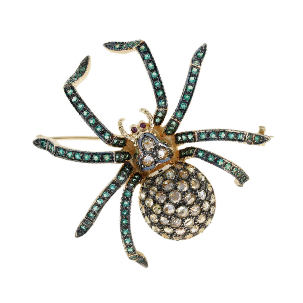 Diamond Emerald Ruby Vintage Style Spider 9kt Yellow Gold Insect Brooch