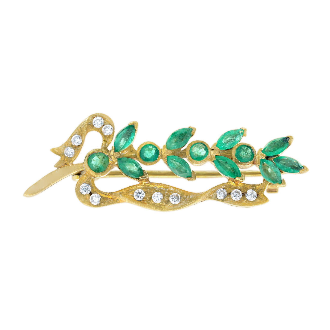 Emerald & Diamond Vintage Inspired Style Leaves Yellow Gold Pin Brooch