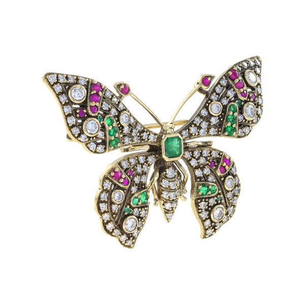 2.68 Ctw Vintage Style Emerald, Ruby & Diamond 18K Yellow Gold Butterfly Brooch