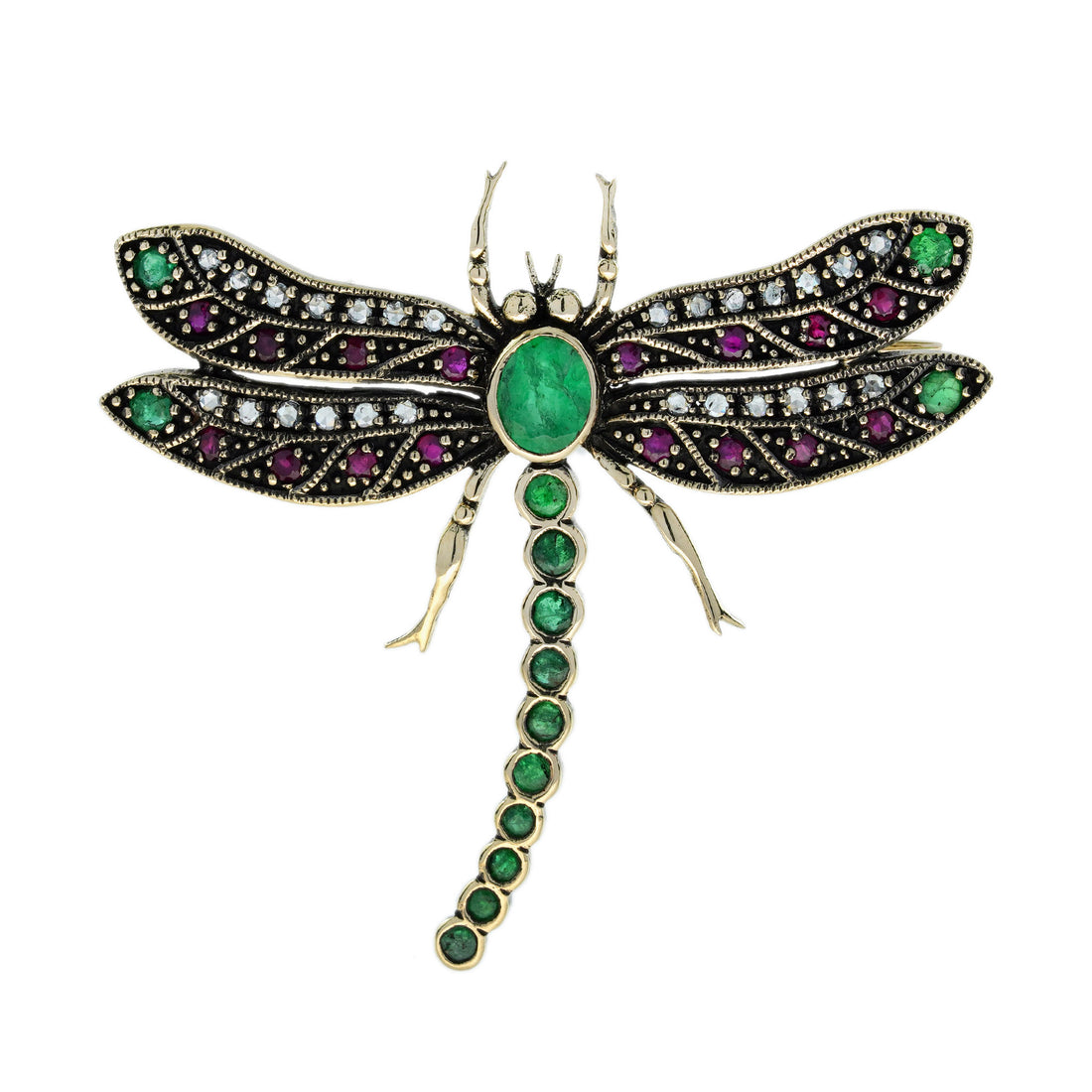 Emerald Ruby Diamond Vintage Style Dragonfly 14K Yellow Gold Brooch