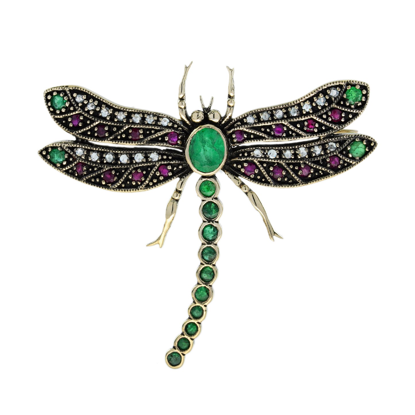 emerald ruby diamond vintage style dragonfly 14k yellow gold brooch