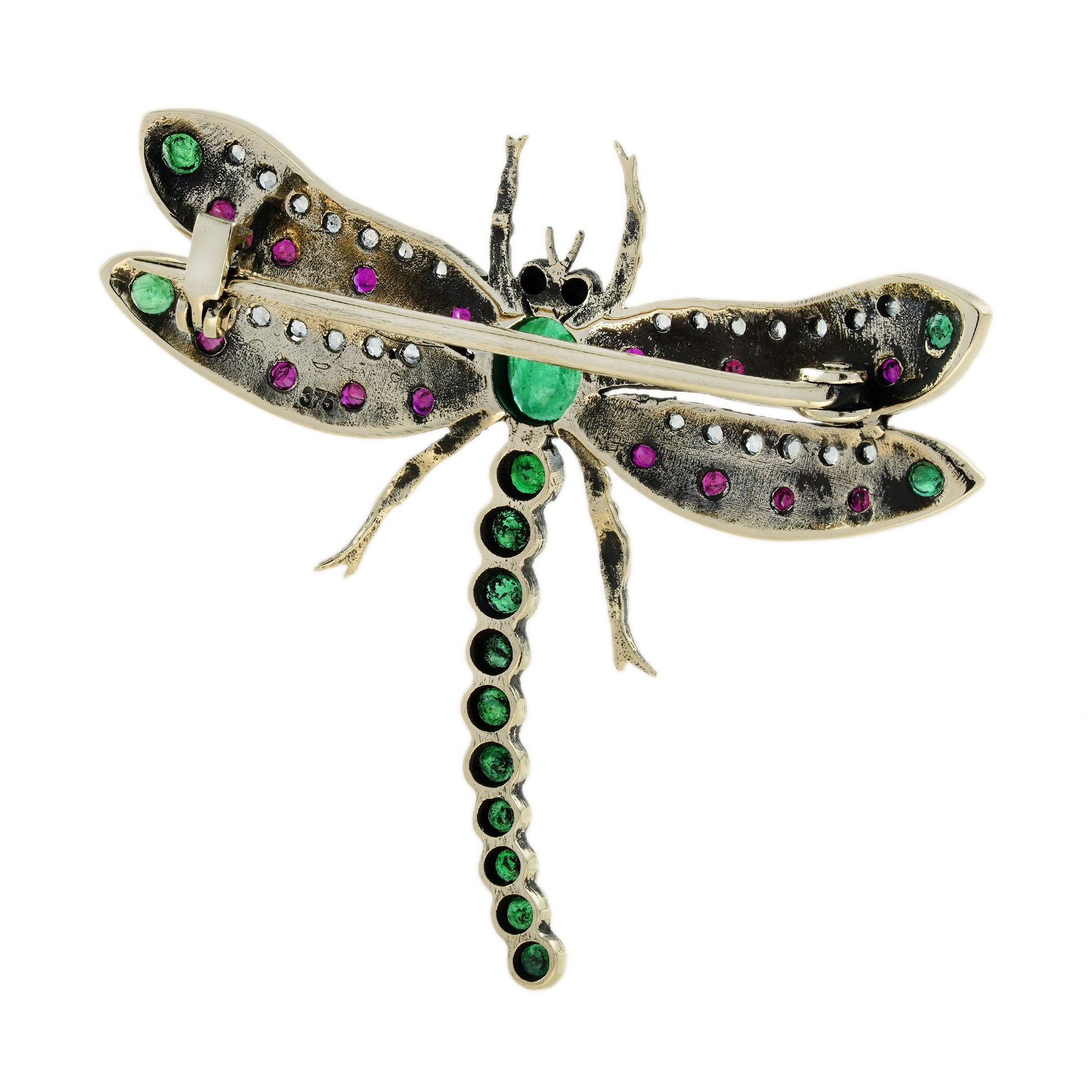 Emerald Ruby Diamond Vintage Style Dragonfly 14K Yellow Gold Brooch