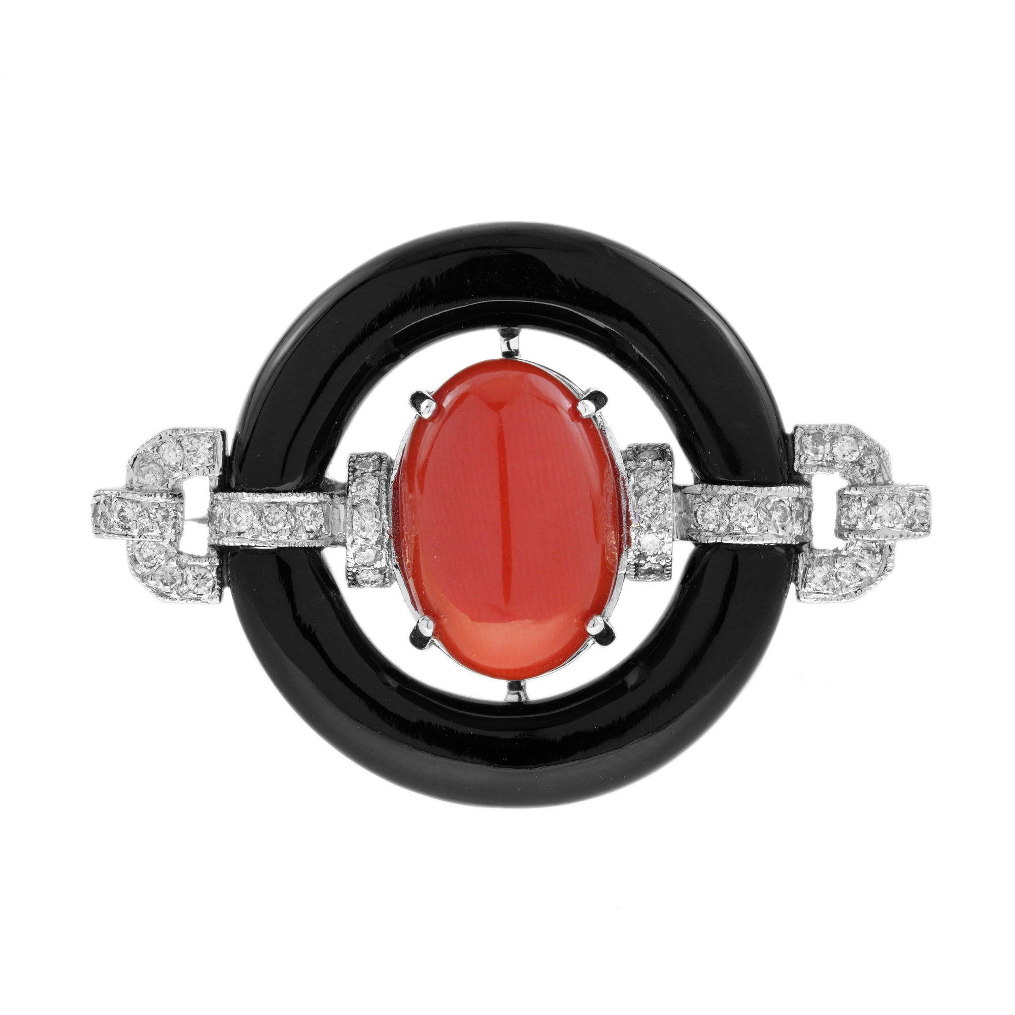 Red Maroon Coral Black Onyx Diamond Art Deco Style 14K White Gold Brooch Pin