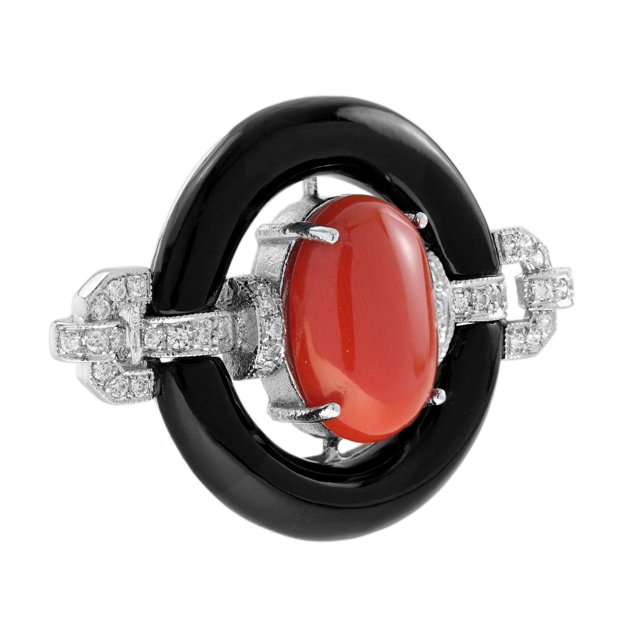 Red Maroon Coral Black Onyx Diamond Art Deco Style 14K White Gold Brooch Pin
