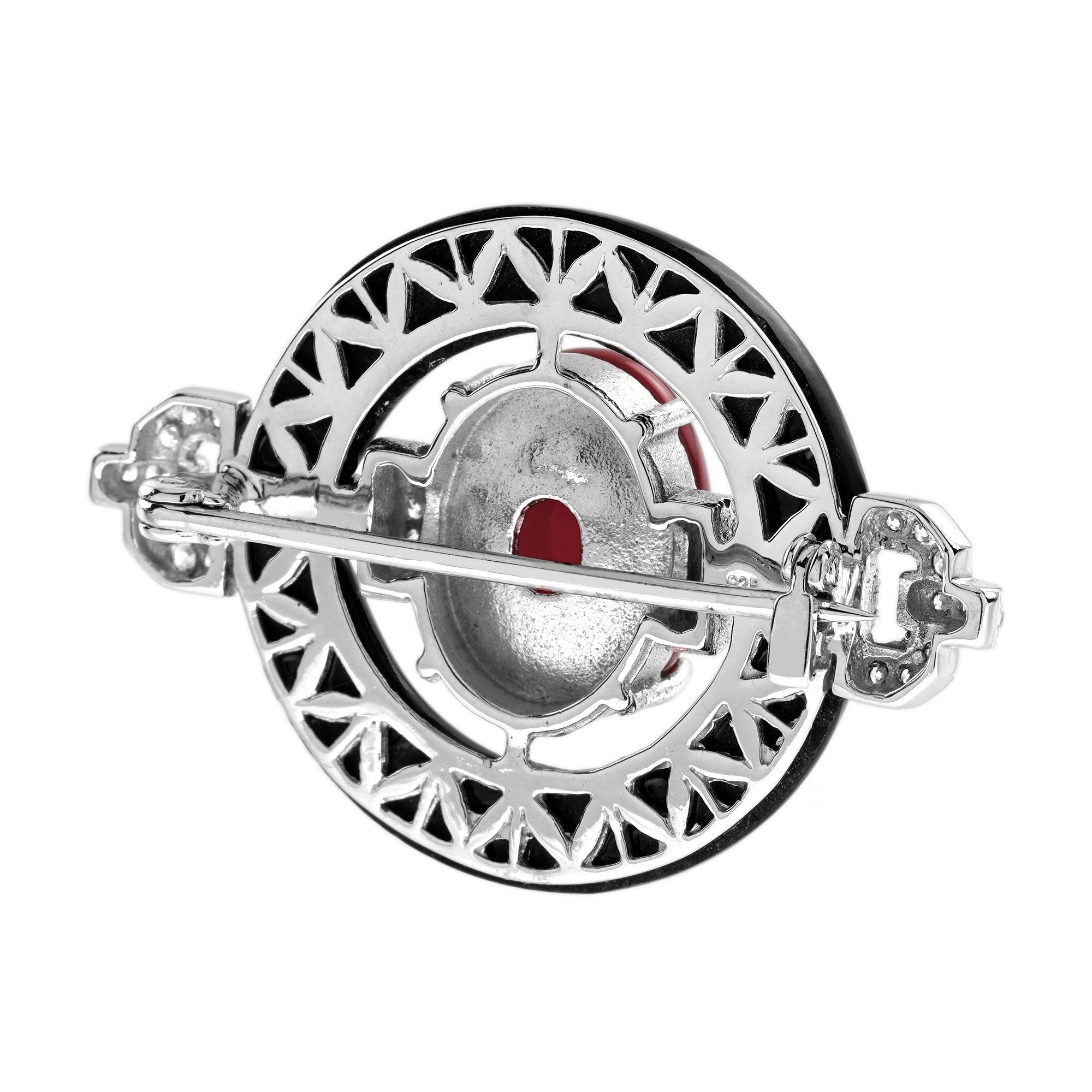 Red Maroon Coral Black Onyx Diamond Art Deco Style 14K White Gold Brooch Pin