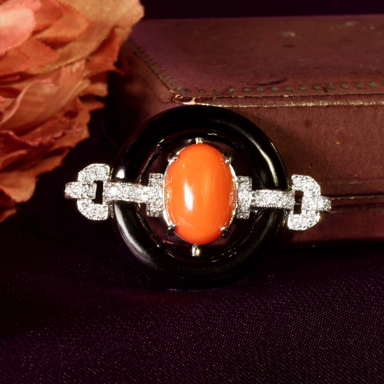 Red Maroon Coral Black Onyx Diamond Art Deco Style 14K White Gold Brooch Pin