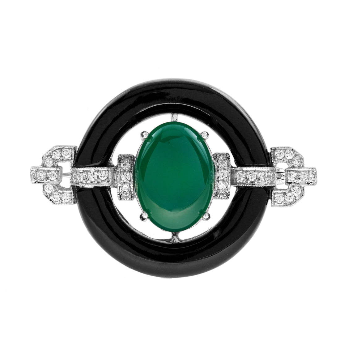 Oval Shape Green Agate & Black Onyx Diamond Art Deco Style White Gold Pin Brooch