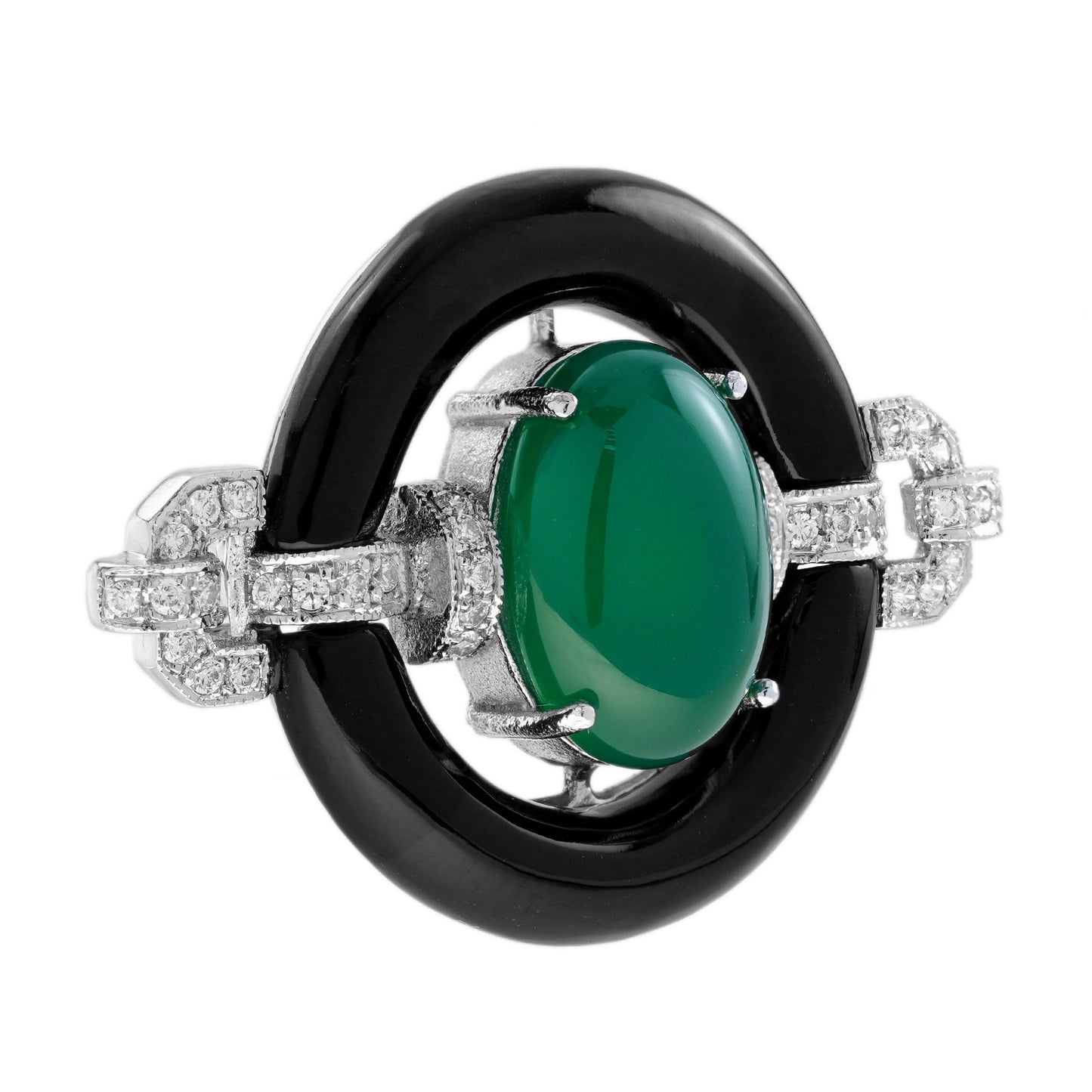oval shape green agate & black onyx diamond art deco style white gold pin brooch