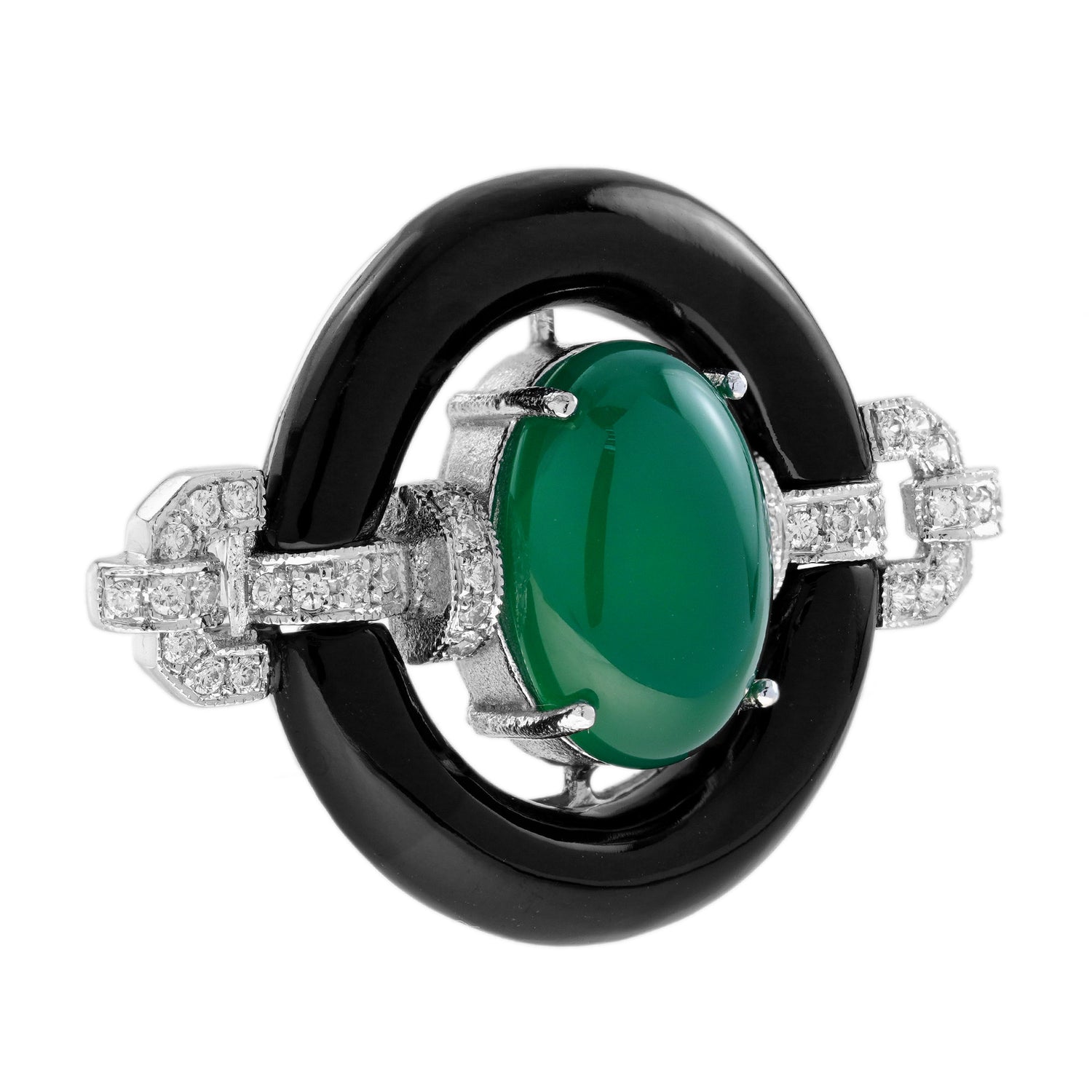 Oval Shape Green Agate &amp; Black Onyx Diamond Art Deco Style White Gold Pin Brooch