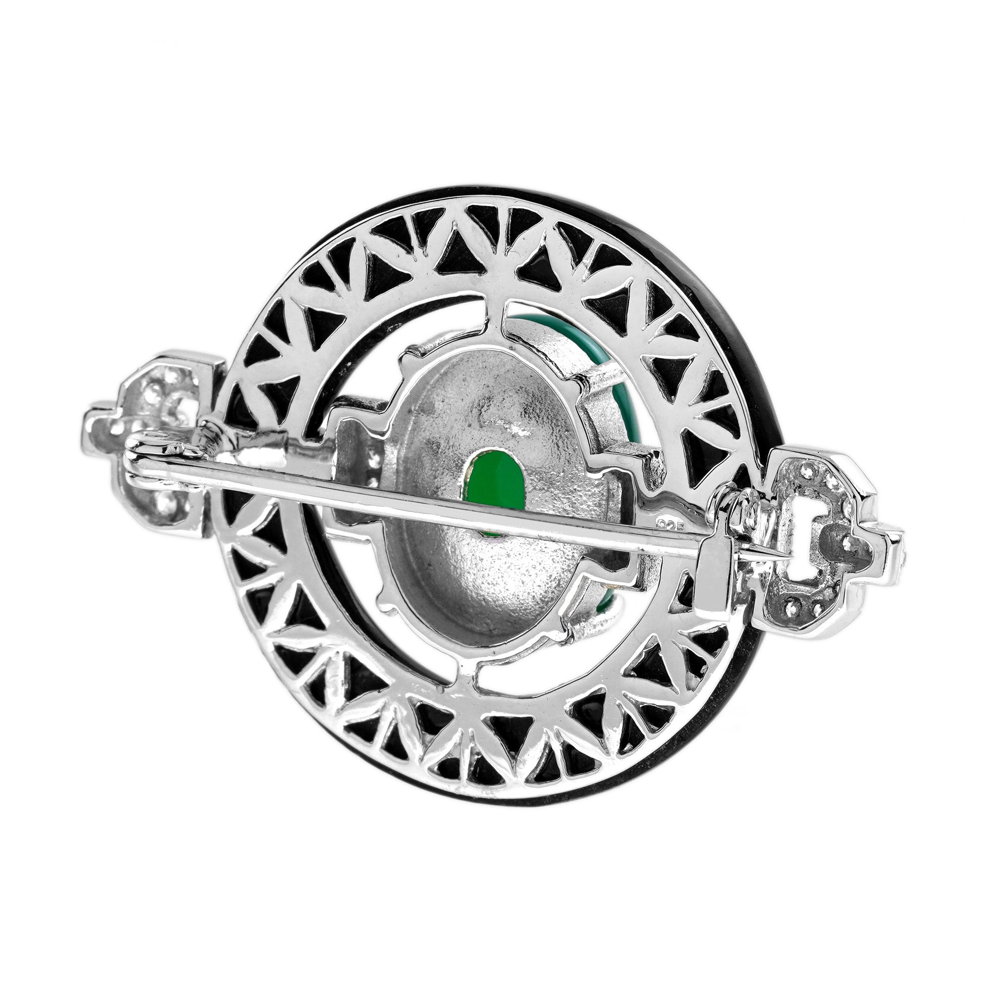 Oval Shape Green Agate & Black Onyx Diamond Art Deco Style White Gold Pin Brooch