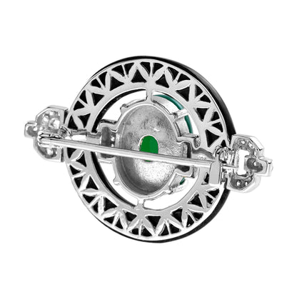 Oval Shape Green Agate & Black Onyx Diamond Art Deco Style White Gold Pin Brooch
